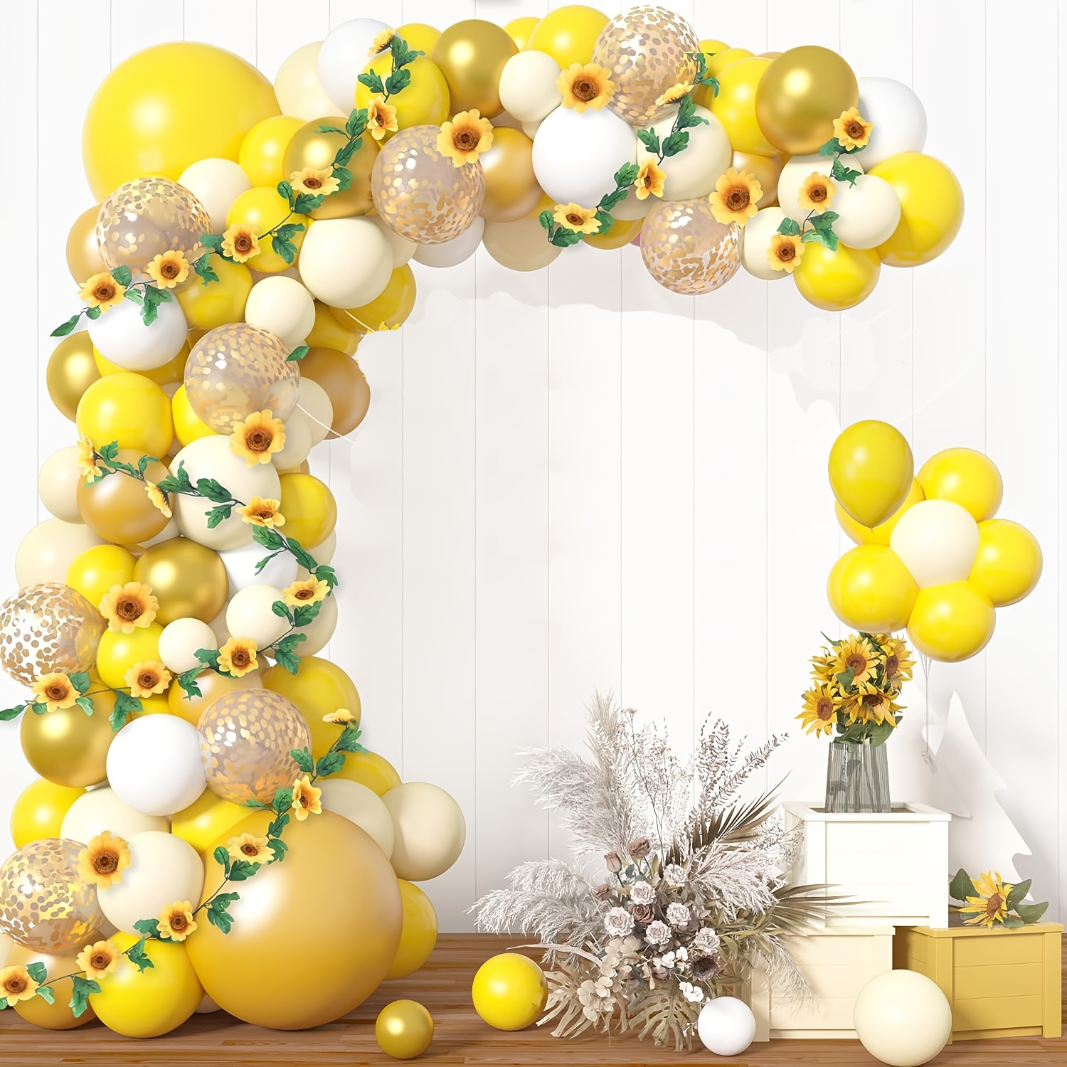 Kit de guirnalda de arco de globos amarillos y dorados, 143 globos  amarillos macarrón para cumpleaños, aniversario, Año Nuevo, baby shower