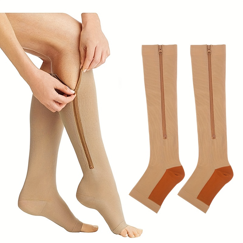 Zipper compression socks for women toeless skin color knee h - Inspire  Uplift