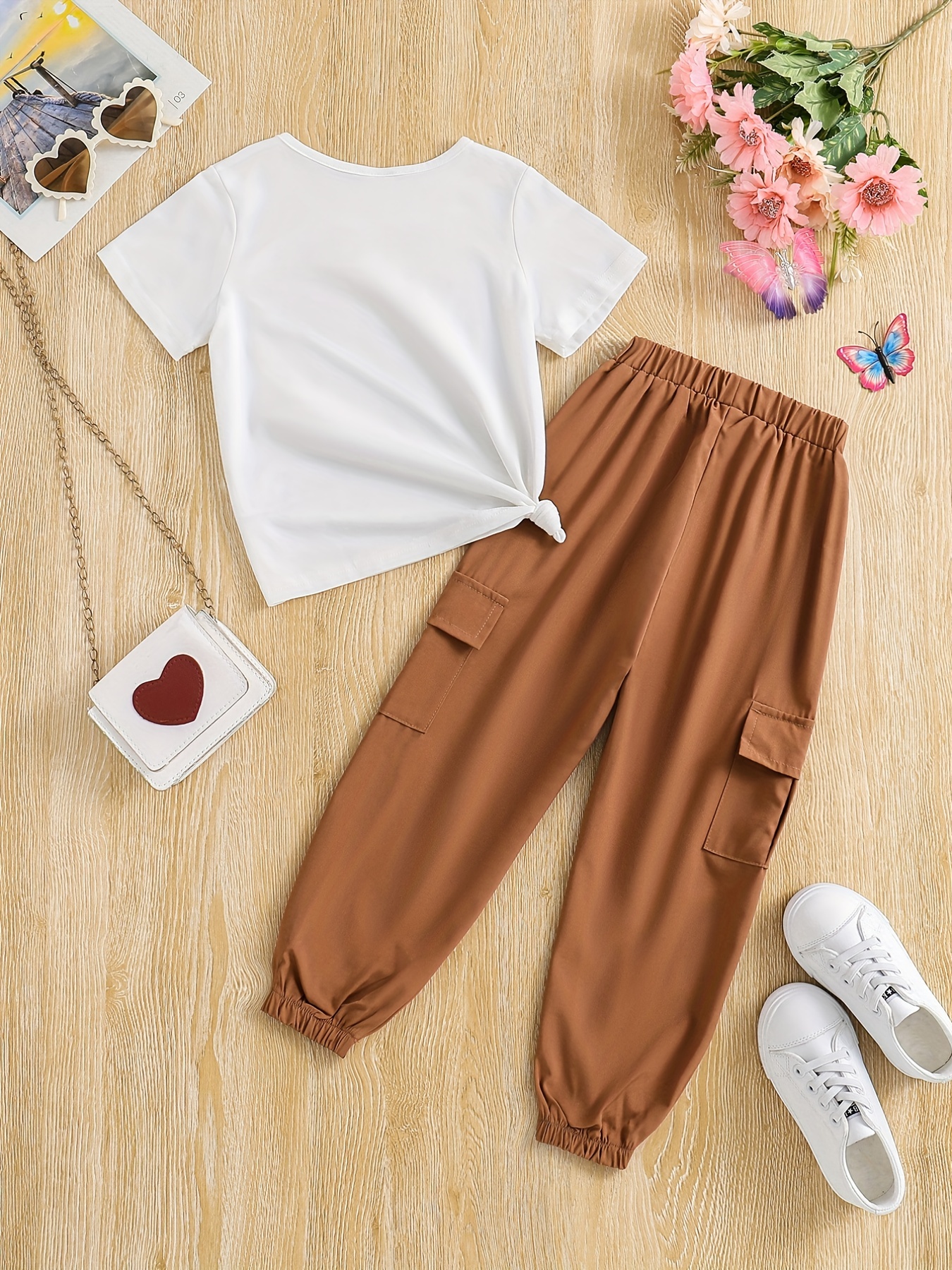  Cute Clothes For Teen Girls, Short Sleeve White Crop Tops  Tee Shirts + Pink Cargo Jogger Pants Outfits 2pcs Clothes Set9-10 Years Tag  150