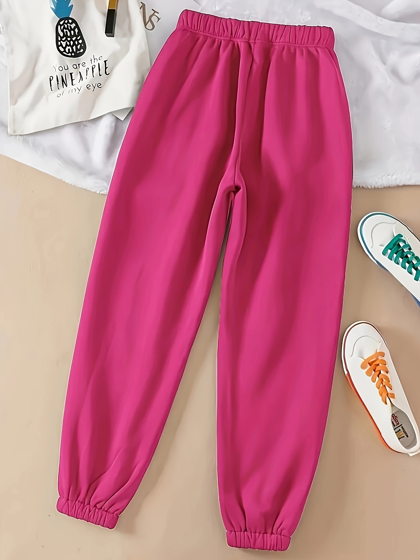 Casual Fleece Elastic Waist Sweatpants, Solid Color Drawstring Sports Loose  Pants, Women's Athleisure