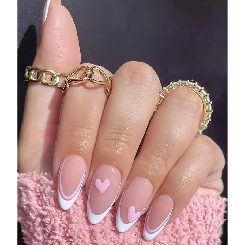 White Pink Press On Nails Heart Shaped Pattern Drop Almond Shaped Fake Nail  With Jelly Glue Polishing File 24pcs | Shop Now For Limited-time Deals |  Temu