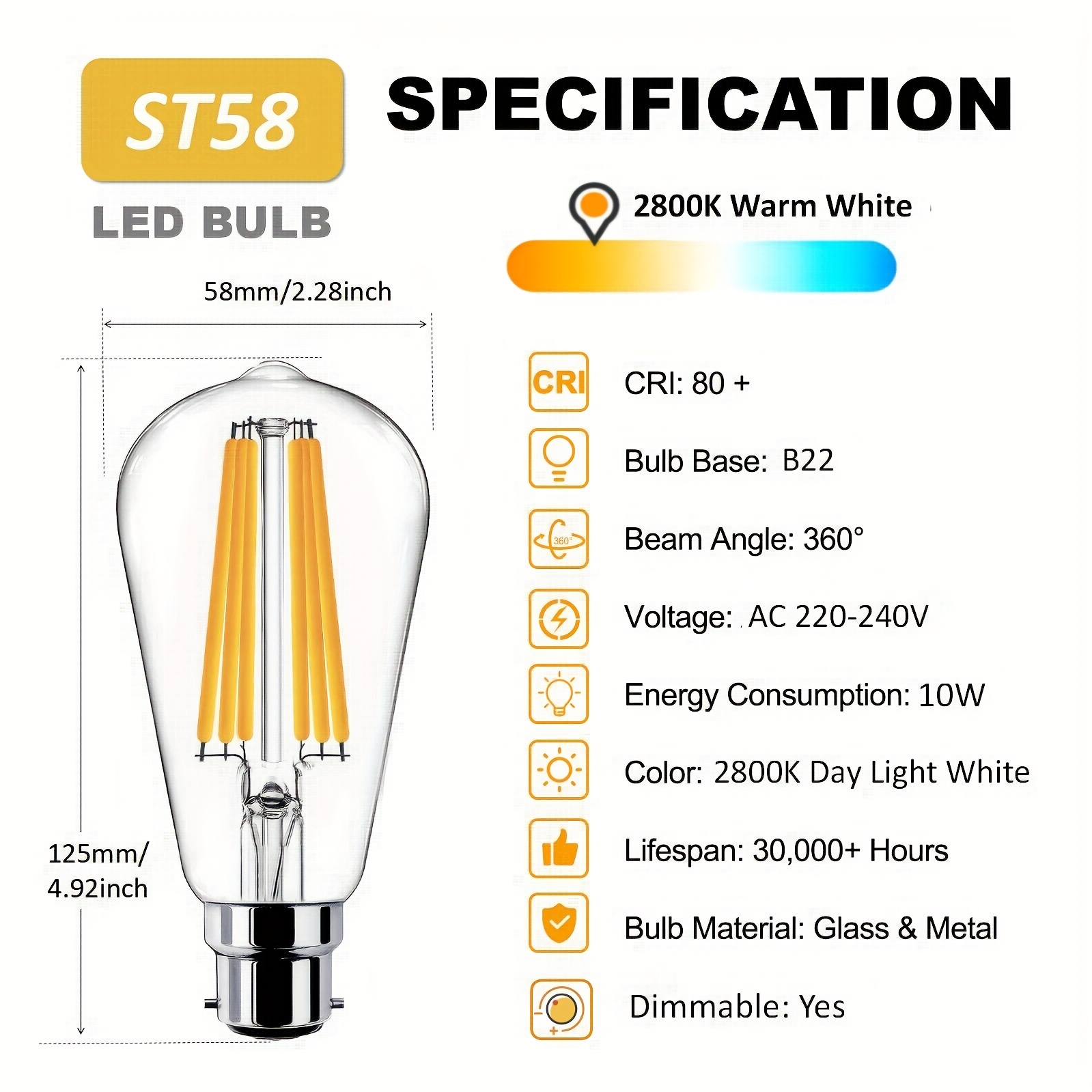 Ampoule LED B22 baïonnette 10W blanc chaud