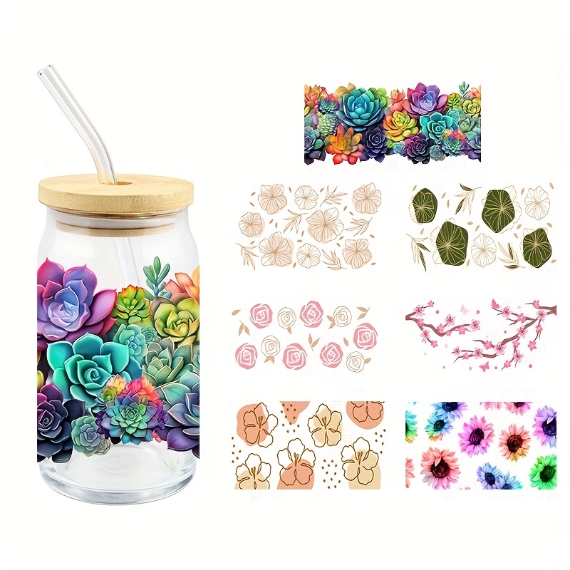 1pc UV DTF Fashionable Flower Stickers - 16oz Waterproof Glass Cup Decals - High Temperature Resistant Customization