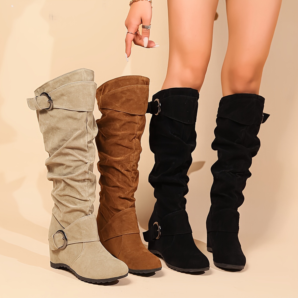 Women s Wedge Knee High Boots Buckle Strap Height Increasing - Temu
