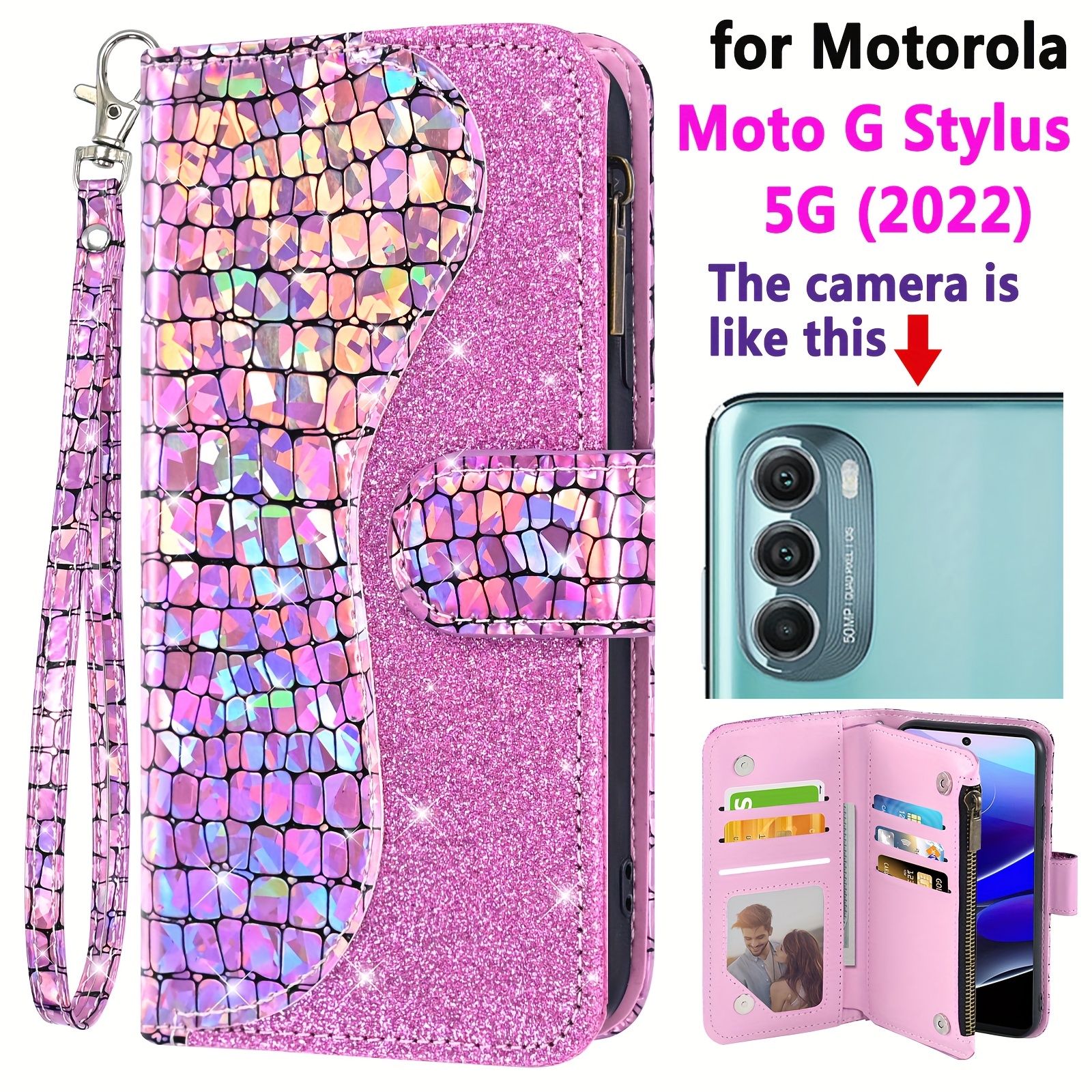 For Motorola Moto G Stylus 5G 2022, Glitter Ring Case + Tempered