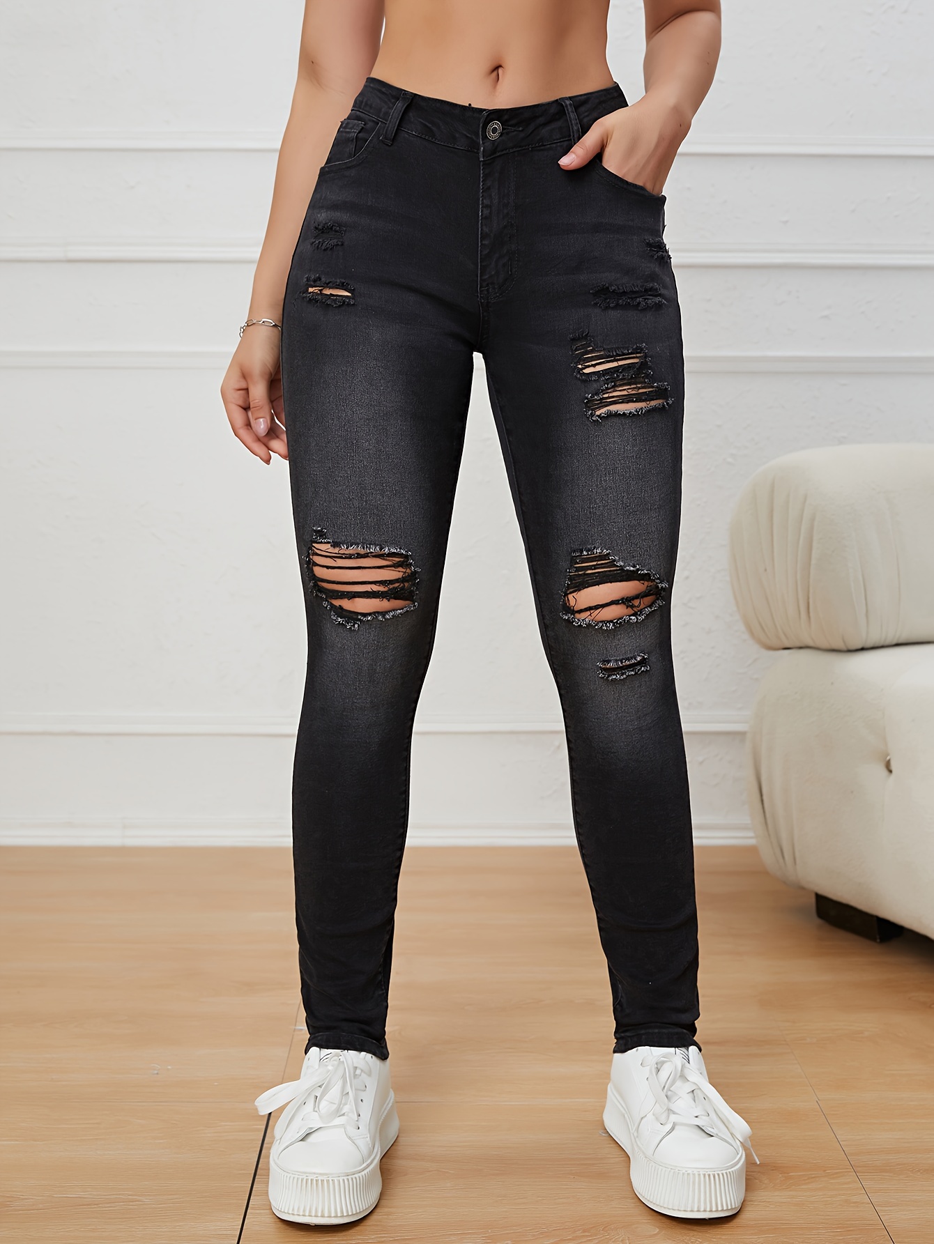 Black Ripped Holes Skinny Jeans Slim Fit High stretch High - Temu