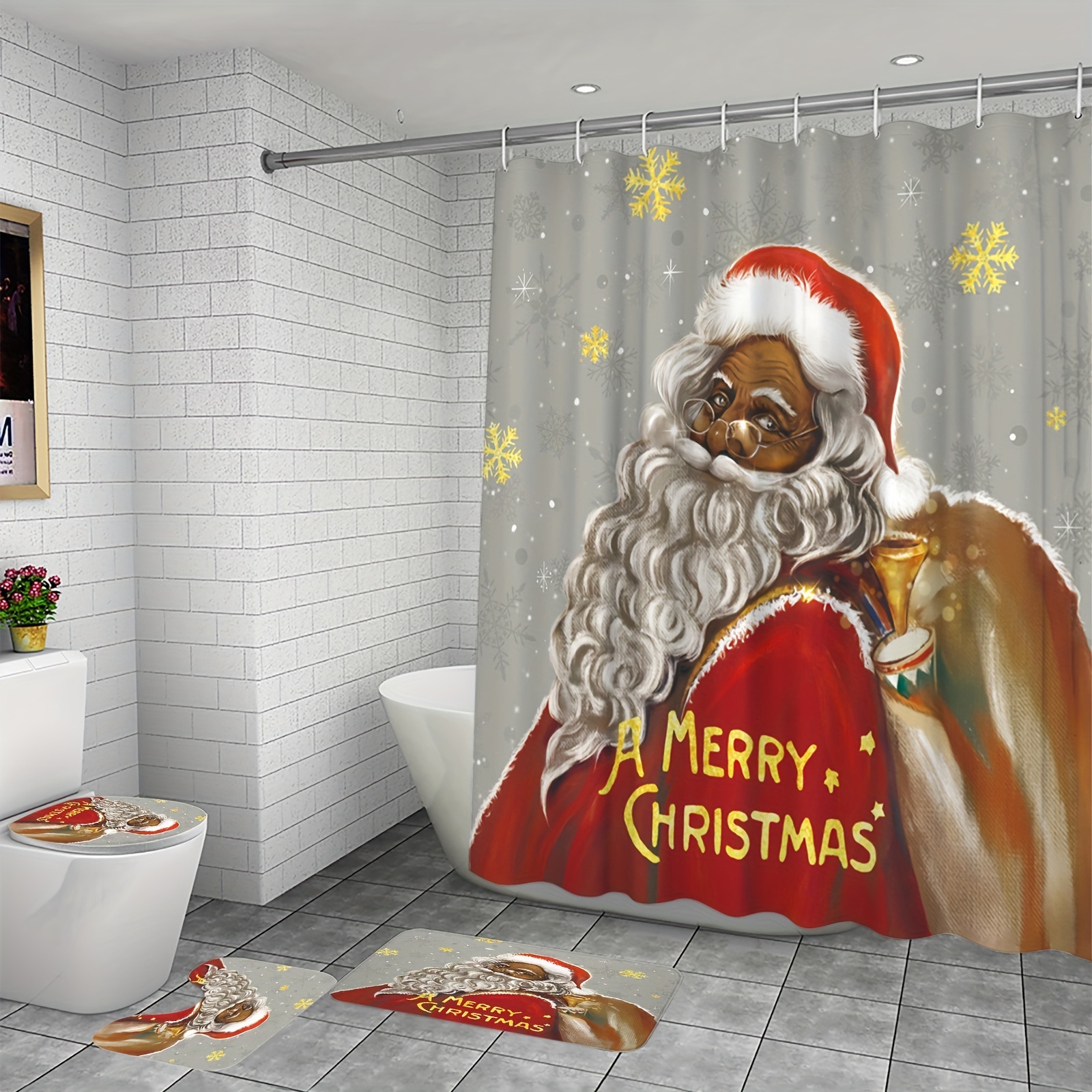 Santan Claus Waterproof Shower Bathroom Sets with Non-Slip Rugs 4