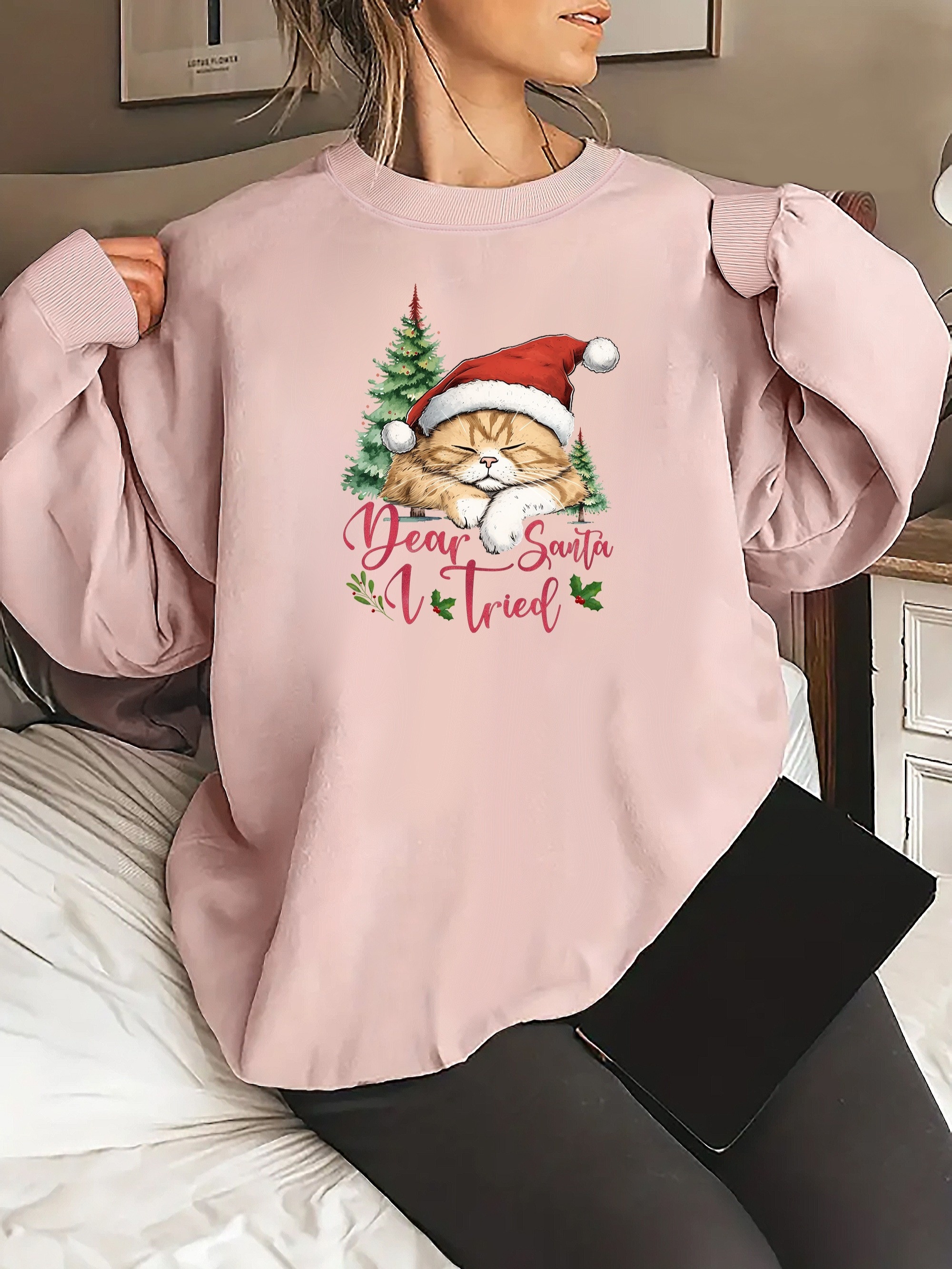 Women's Casual Round Neck Raglan Long Sleeve Fun Cat Christmas