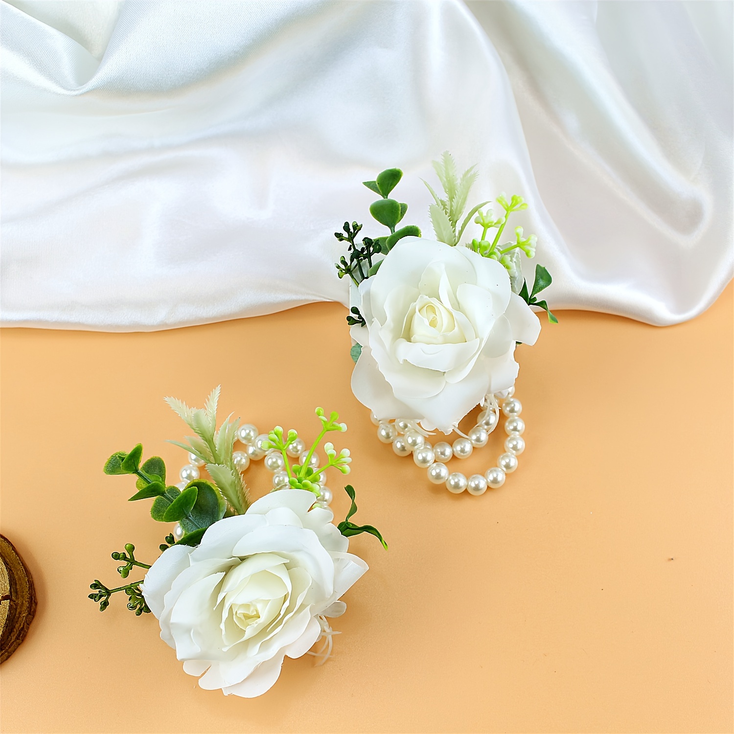 Elaina Artificial White Rose Wrist Corsage - Ivory Rose Wedding Corsage -  Prom Magnet Corsage