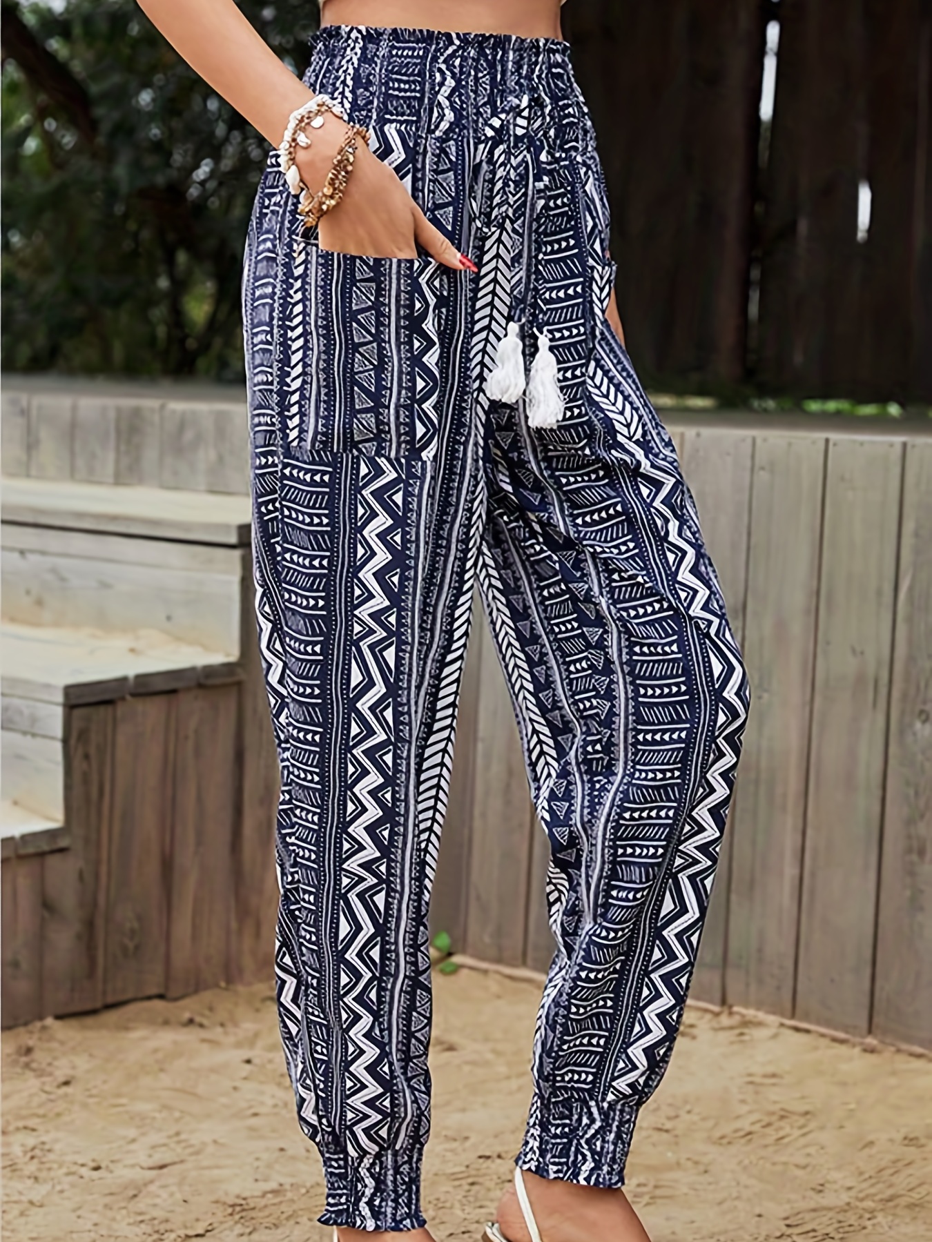 Plus Size Boho Pants Women's Plus Allover Geometric Print - Temu