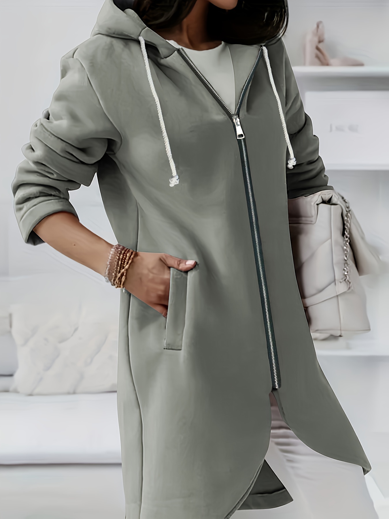 Asymmetric hem long sales sleeve grey hoodie