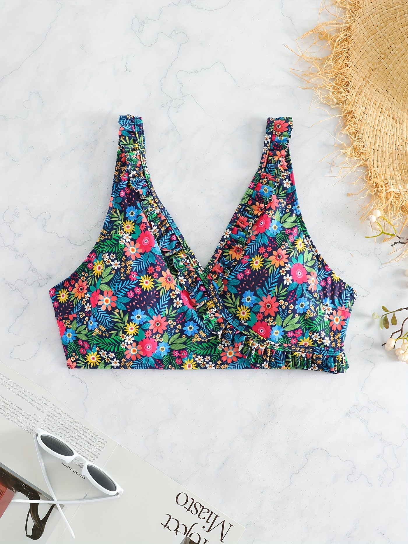 Plus Size Cute Bikini Set Women's Ditsy Floral Print Ruffled - Temu