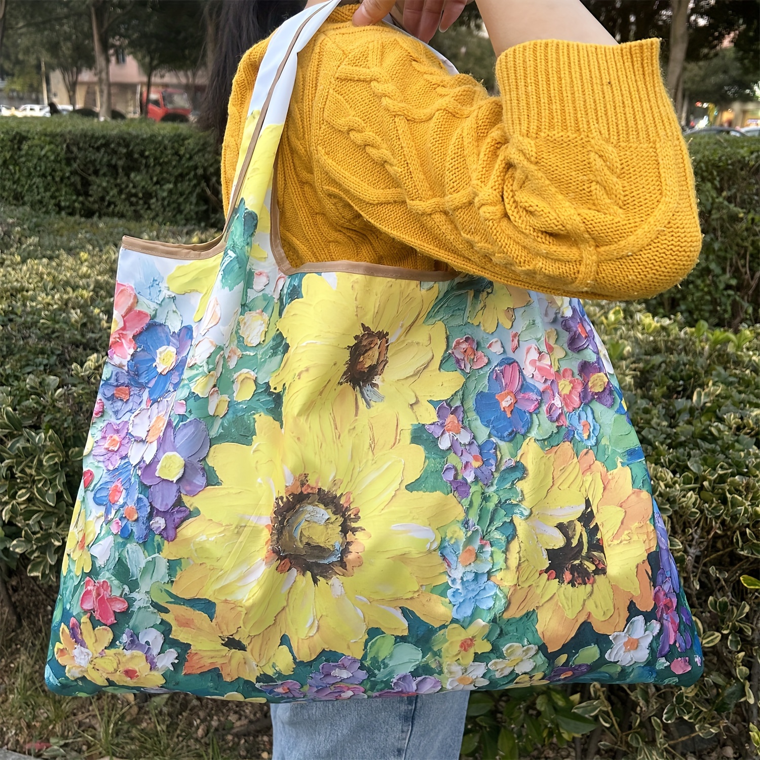 

Large-capacity Portable Shopping Bag, Lightweight Grocery Bag, Oil Painting Sunflower Shoulder Foldable Storage Tote Bag