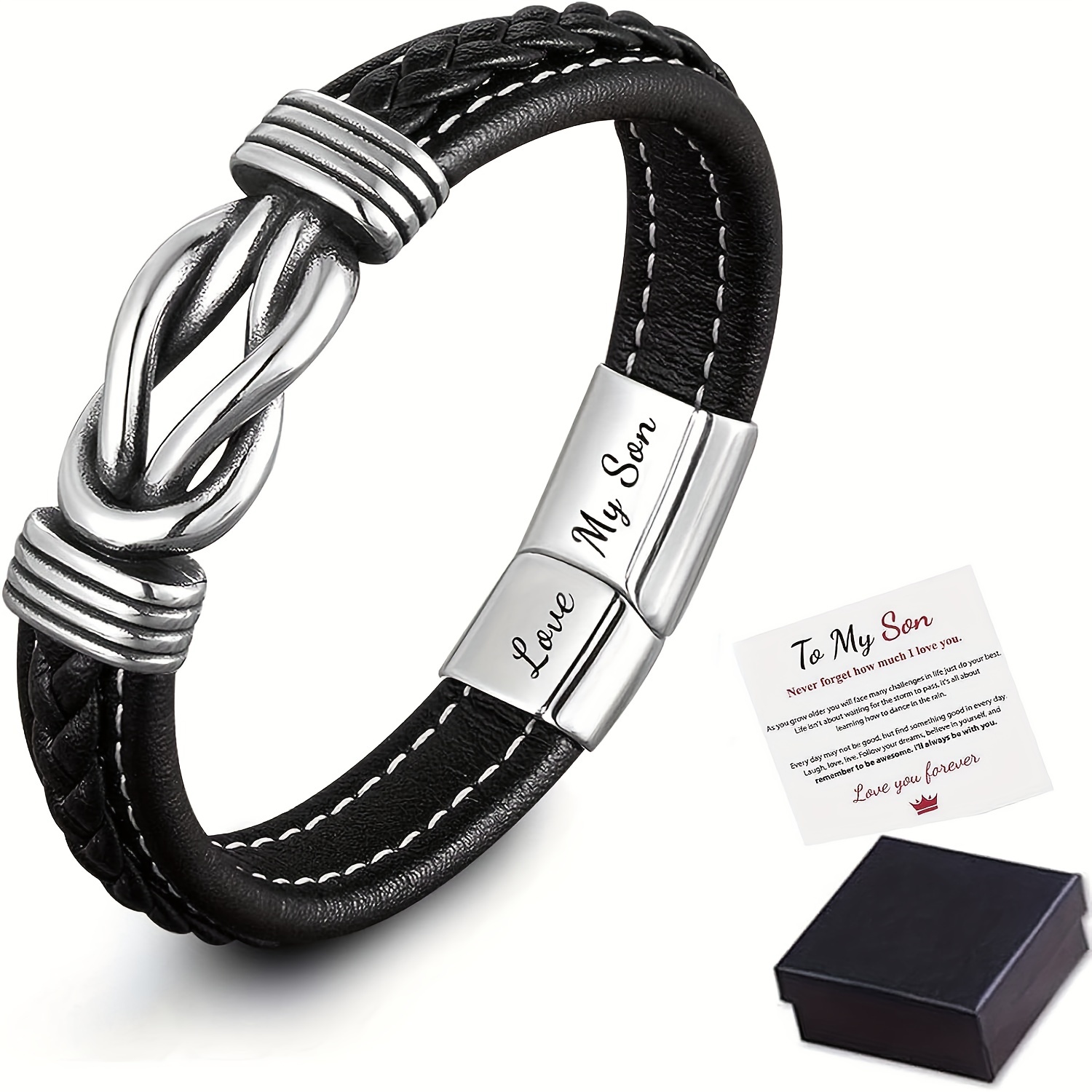 Mother and Son Forever Linked Together Braided Leather Bracelet, Men  Stainless Steel Interlocking Inspirational Wristband, Son Graduation  Birthday