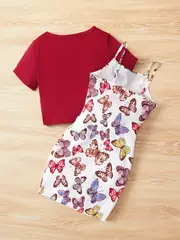 girls butterfly graphic twist knot short sleeve tee top cami dress set for party kids summer clothes details 1