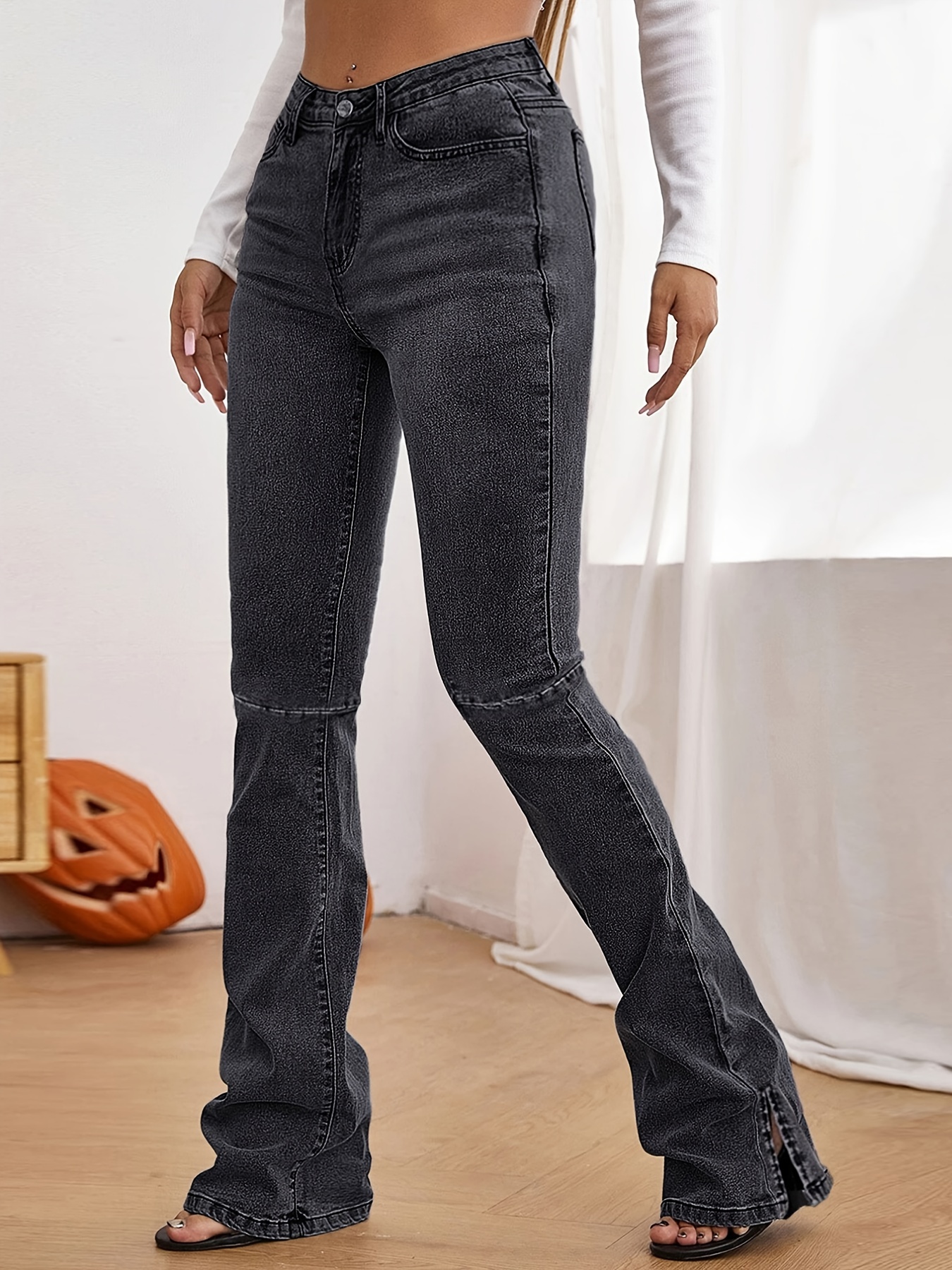 High Rise Cut Waist Temu Bootcut Wide Off High - Grey Jeans Washed