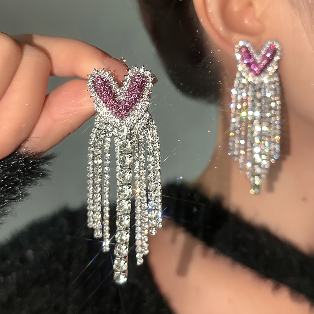 

Full Shiny Rhinestone Decor Tassel Heart Design Dangle Earrings Luxury Elegant Style Valentine's Day Statement Earrings