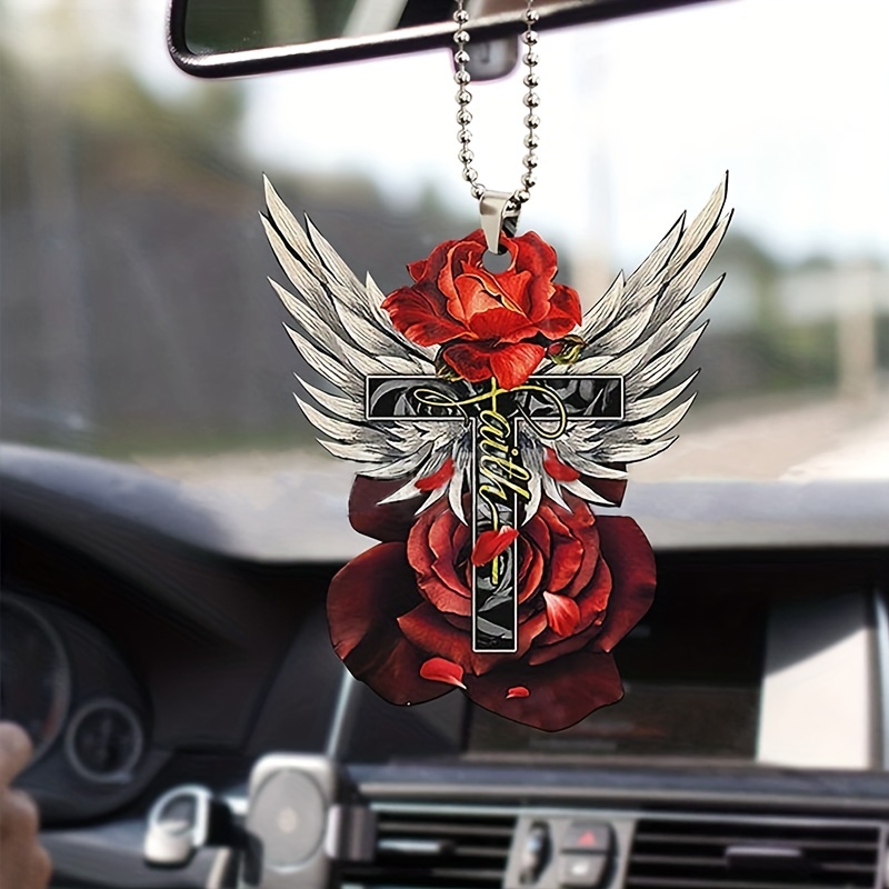 

1pc, Acrylic Cross Wings Red Flowers Pendant, Car Interior Pendant, Backpack Key Hanging Pendant, Home Decoration, Car Decoration, Pendant Ornament, Festival Ornaments, Holiday Accessory
