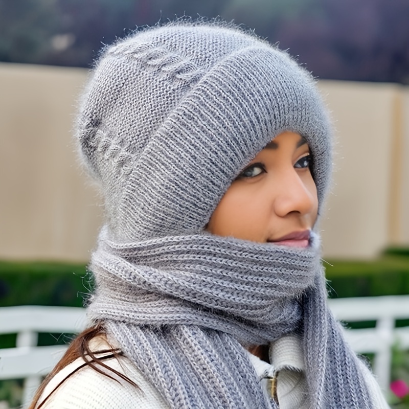 Solid Color Textured Twist Knitted Hat, Neck Cover Ear Protection Winter Warm One-Piece Beanie Hat Scarf,Temu