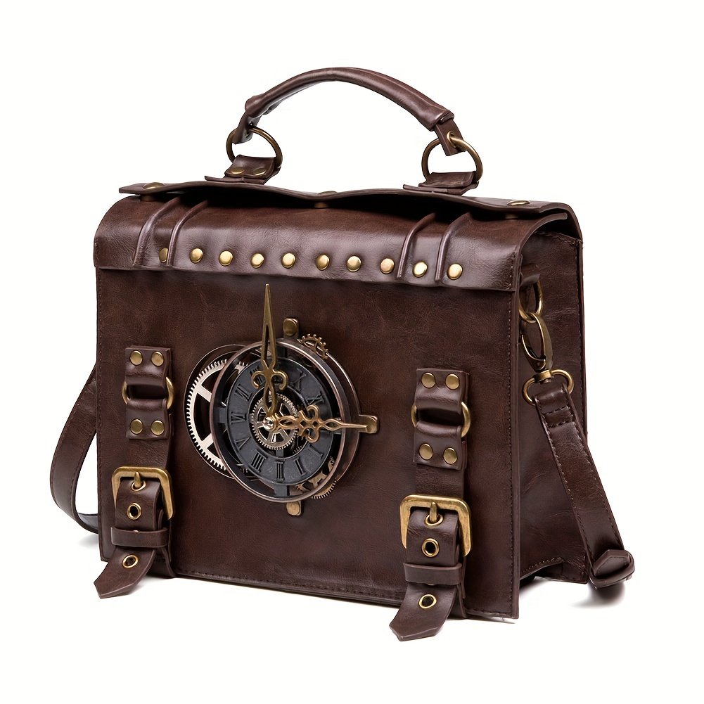 Vintage Clock Decor Crossbody Bag, PU Leather Textured Satchel Bag Purse, Classic Fashion Versatile Shoulder Bag