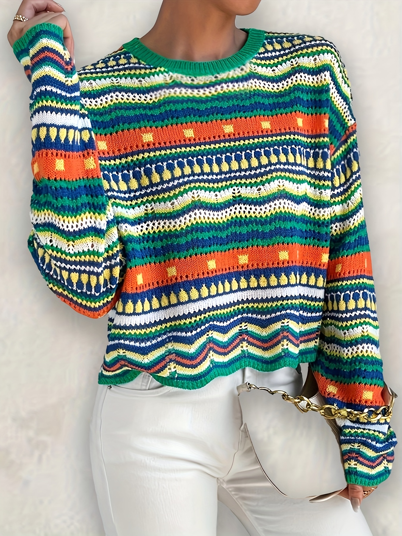 Ethnic Print Eyelet Knit Sweater Casual Crew Neck Long Sleeve Sweater