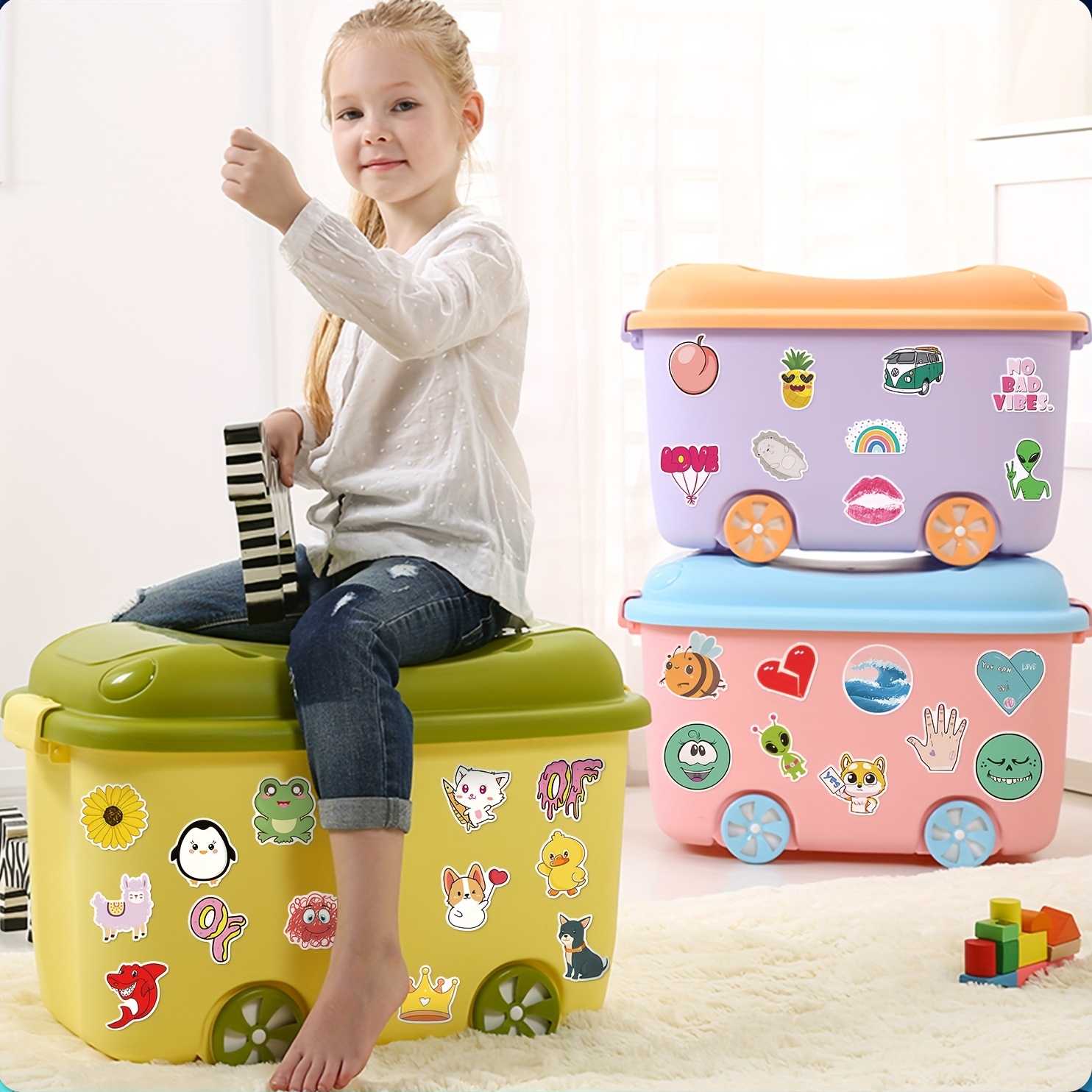 Small Children Car Plastic Storage Box with Wheels for Toy Cartoon