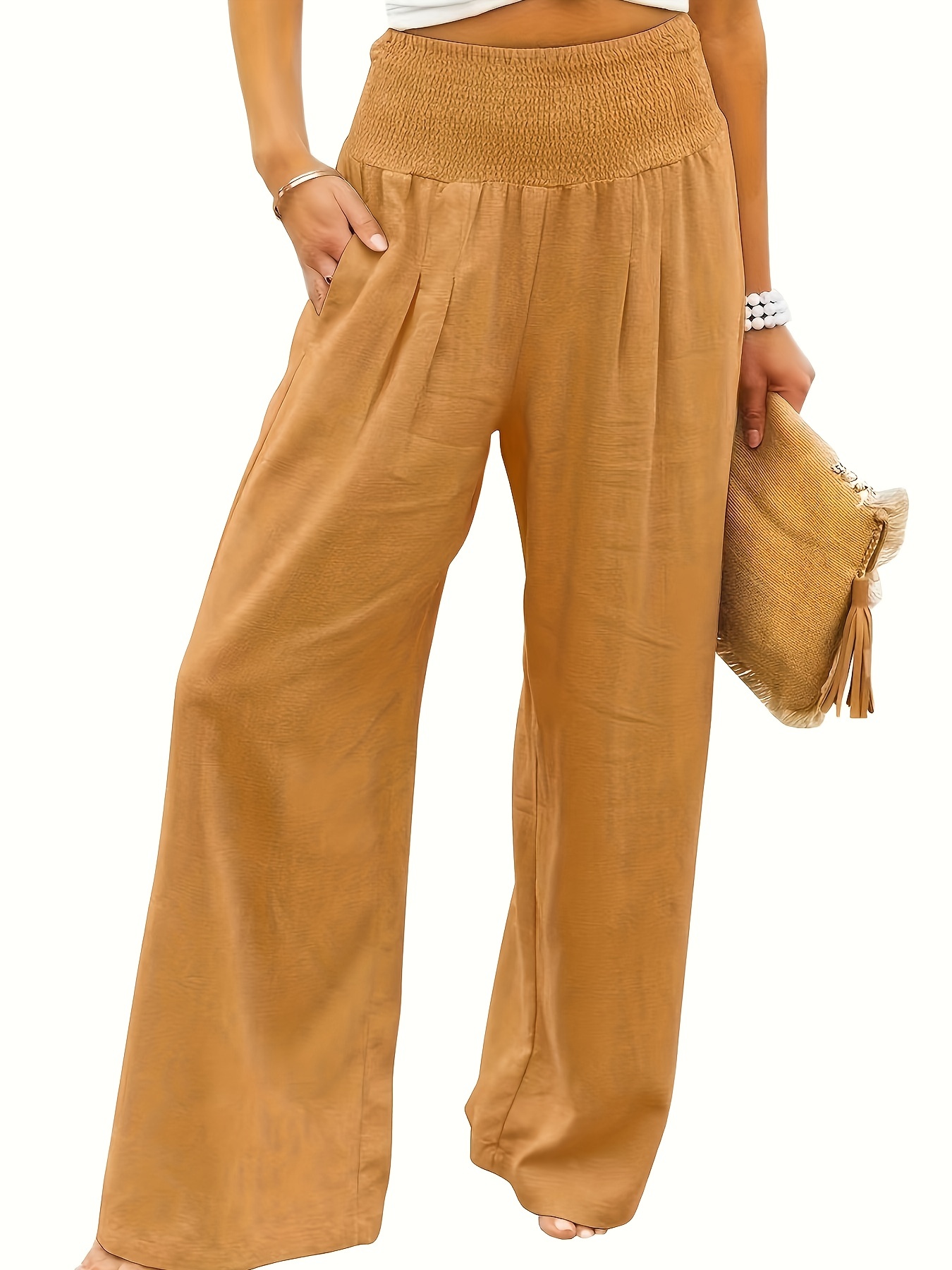 Minimalist Smocked Waist Wide Leg Pants Casual Loose Slant - Temu