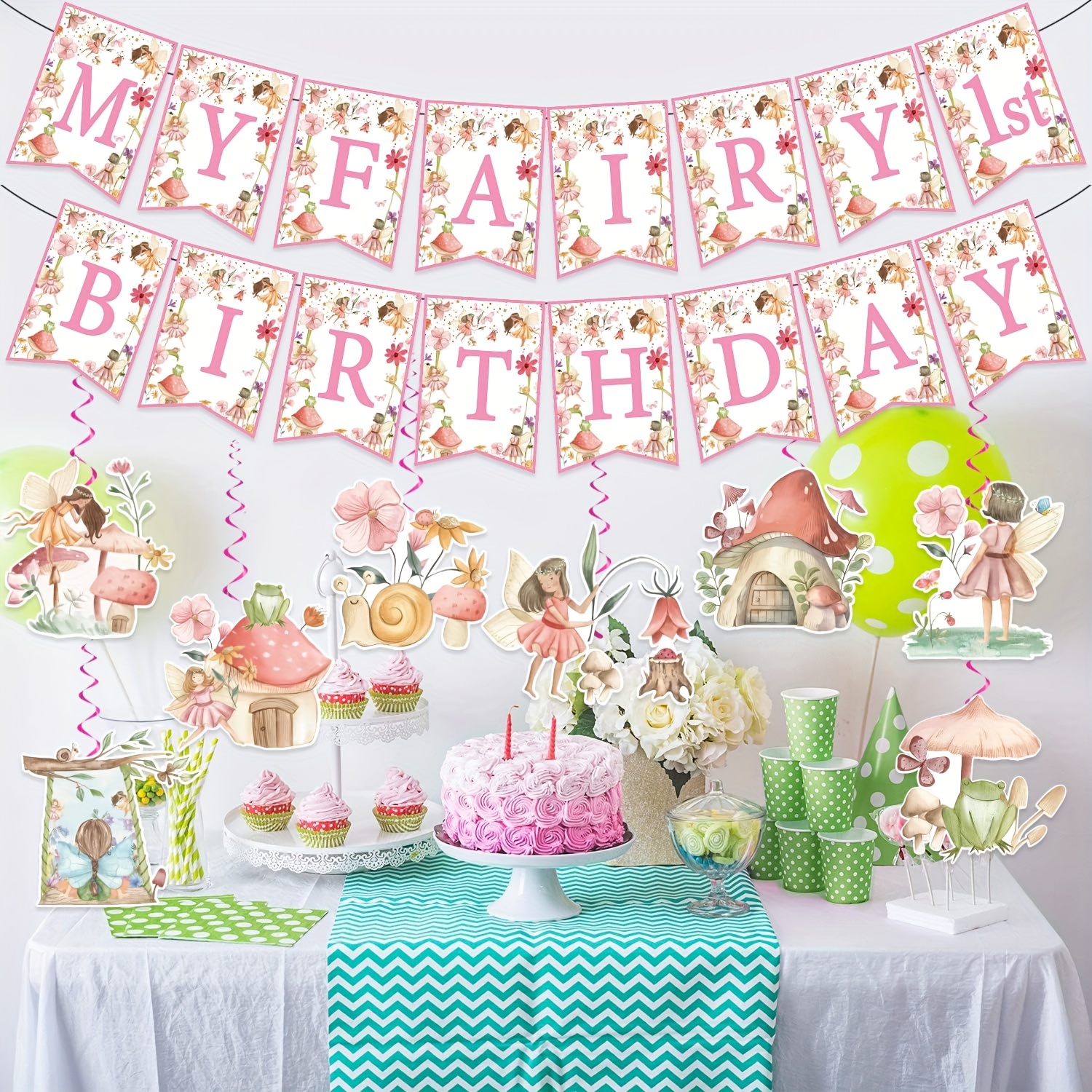 

32pcs Pink Elf Theme Birthday Party Flag Banner Spiral Pendant Streamer Decoration Set Birthday Party Supplies Gift Shower Supplies