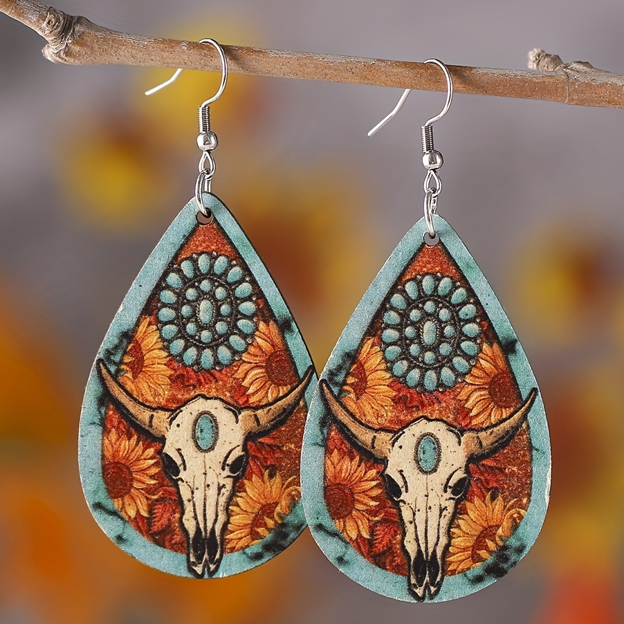 

Boucles d'oreilles pendantes en bois avec motif de tête de vache style ethnique occidental, turquoise et fleur de soleil, cadeau tendance pour femmes et filles