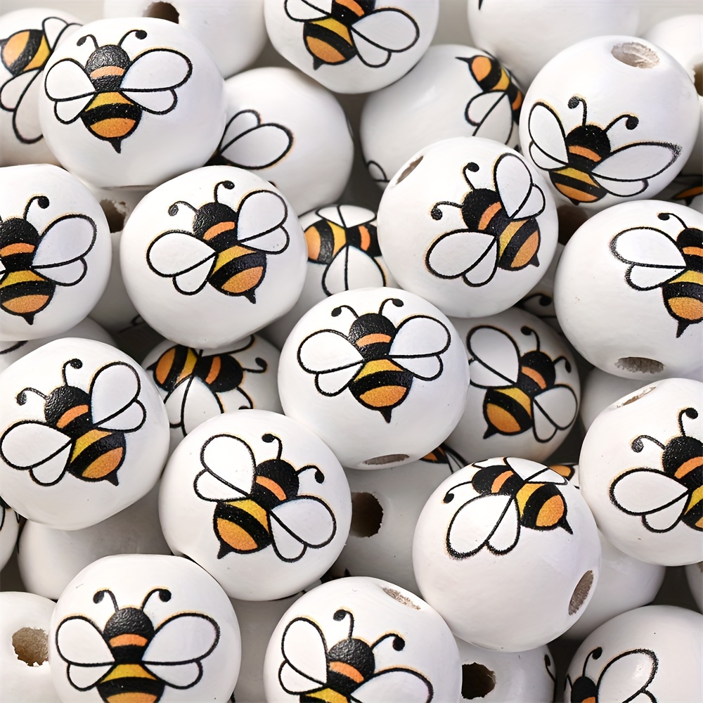 Image of 16mm 10pcs Random Color Bee Printing Wooden Spacer Beads Round Beads & Bead Assortment For Jewelry Making Necklace Keychain Phone Chain Diy Decor