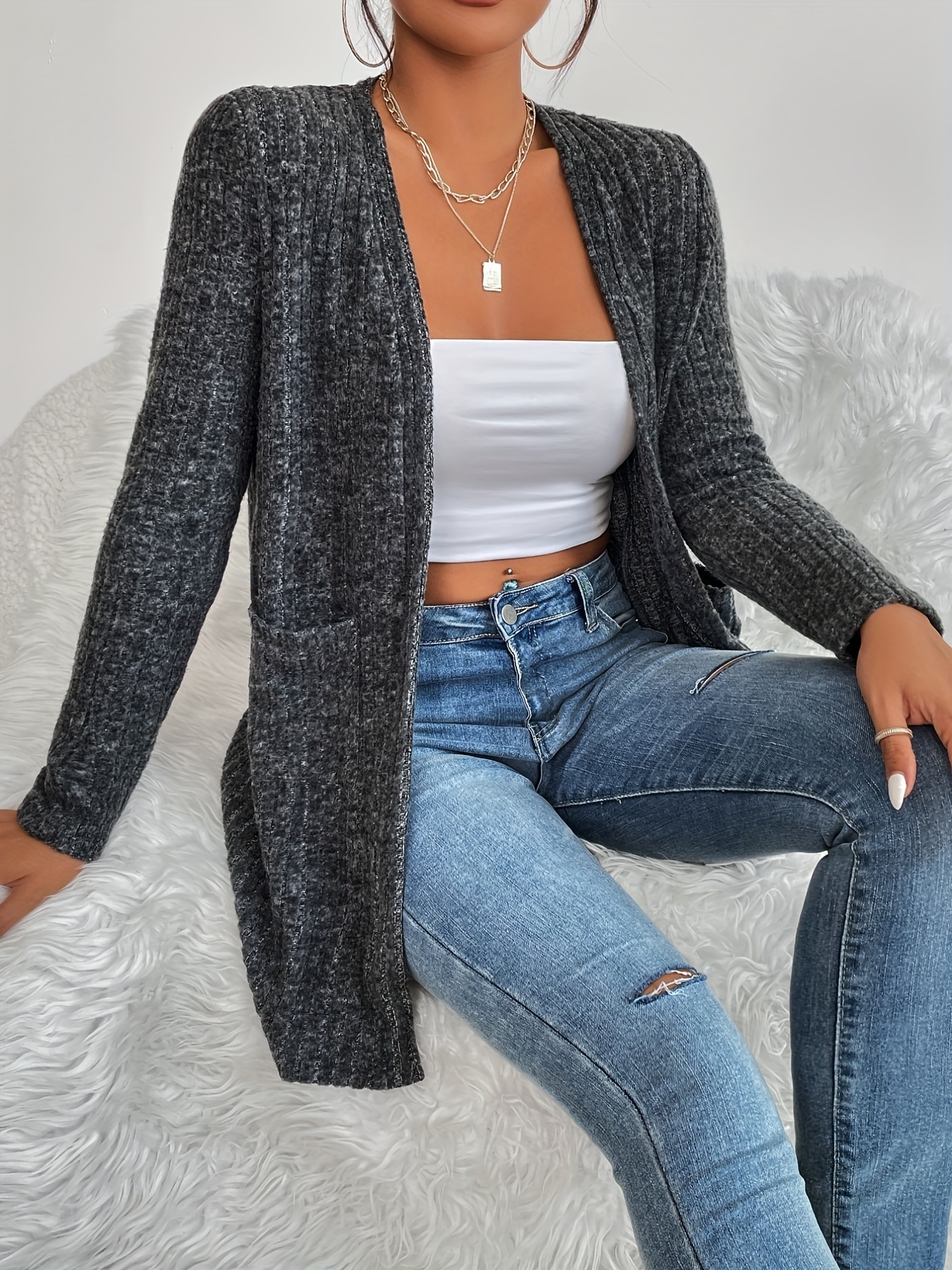 Plus Size Casual Cardigan, Women's Plus Solid Ribbed Long Sleeve Open ...