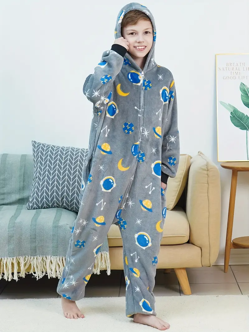 Pijama De Una Pieza De Franela Para Niños, Pijama De Forro Polar Con  Capucha Y Cremallera De Color Sólido/patrón De Dibujos Animados, Ropa De  Descanso
