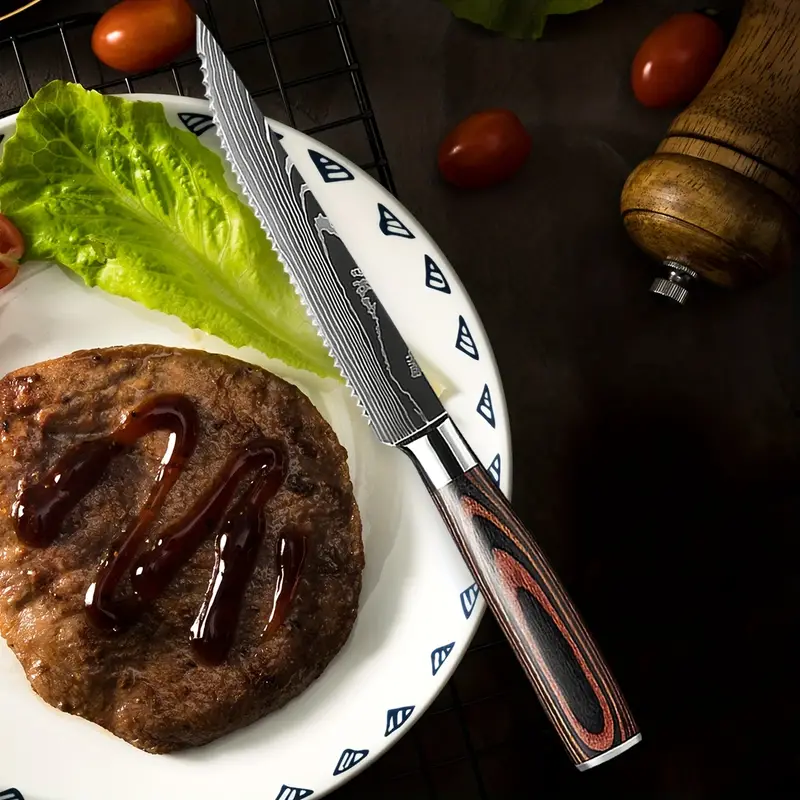 Stainless Steel Serrated Knife Steak Knife Set Cheese Dessert Ham Knife  Damascus Veins Beef Cleaver Cutlery