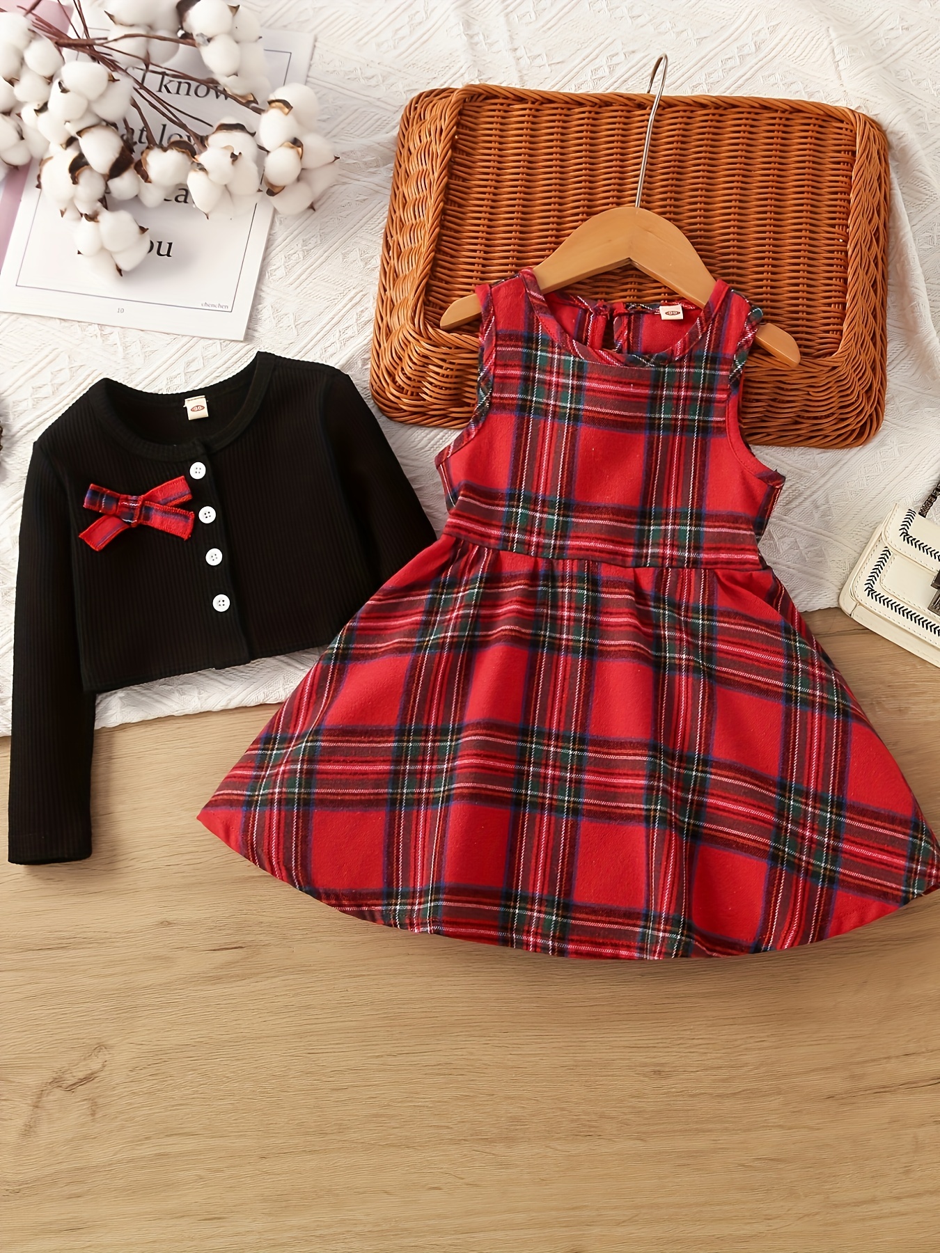 2pcs Toddler Girl Ruffled Sleeveless Black Tee and Button Design Plaid Print Skirt Set