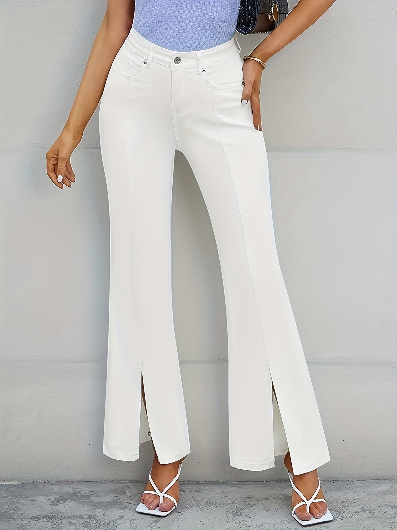 Women Flare Bell Bottom Dress Pants Long Flared Trousers Front Slit Stretchy