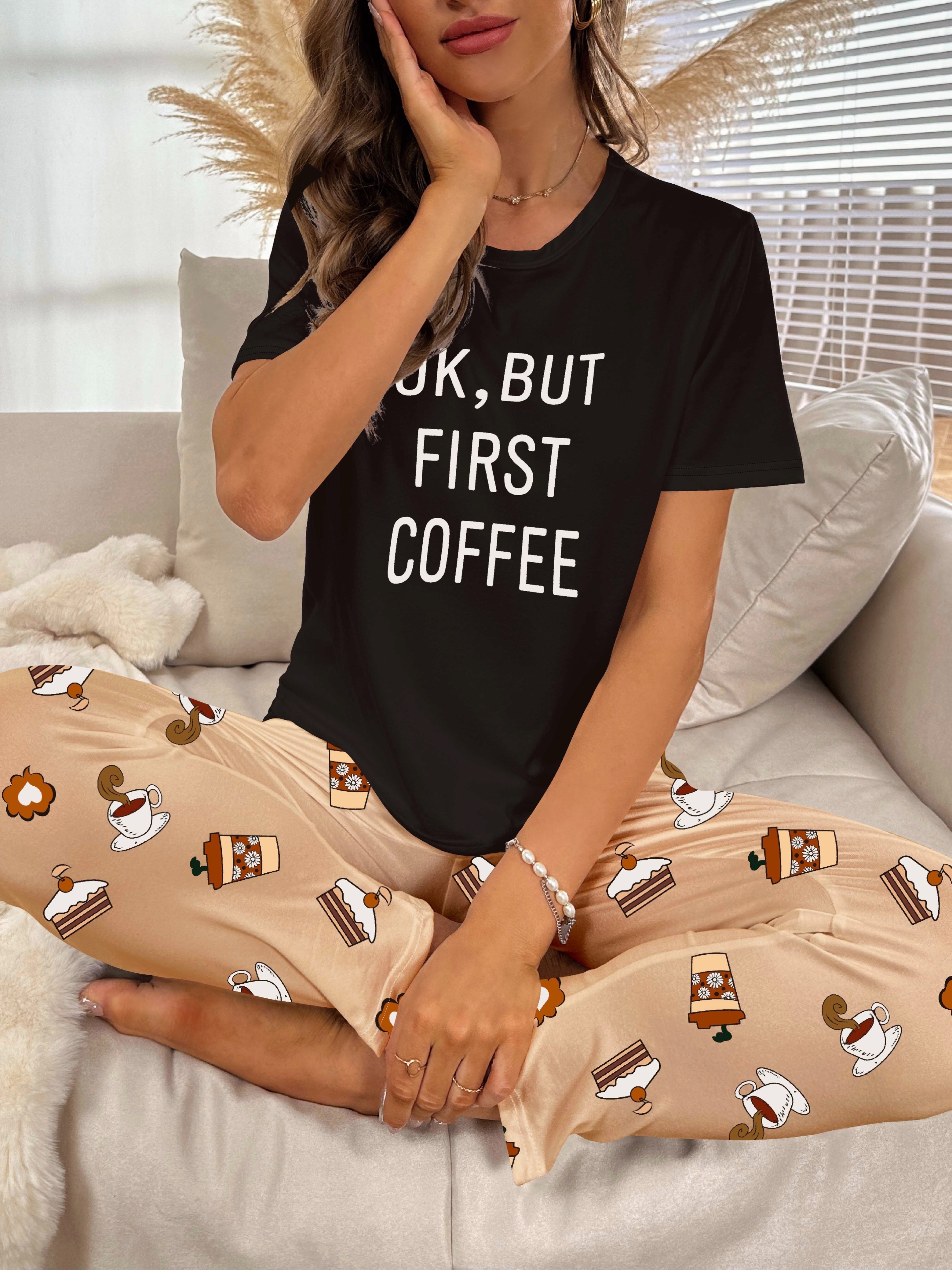 Cute Coffee Print Pajamas Set, Short Sleeve Tee Top And Pants Pj Set,  Women's Sleepwear & Loungewear