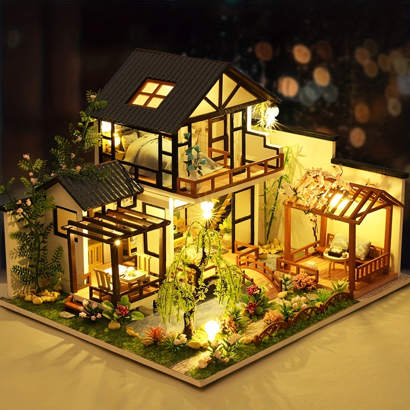 DIY Japanese Style Villa Wooden Miniature Doll House Kit Large Scale With  Light Adult Craft Gift Decor 