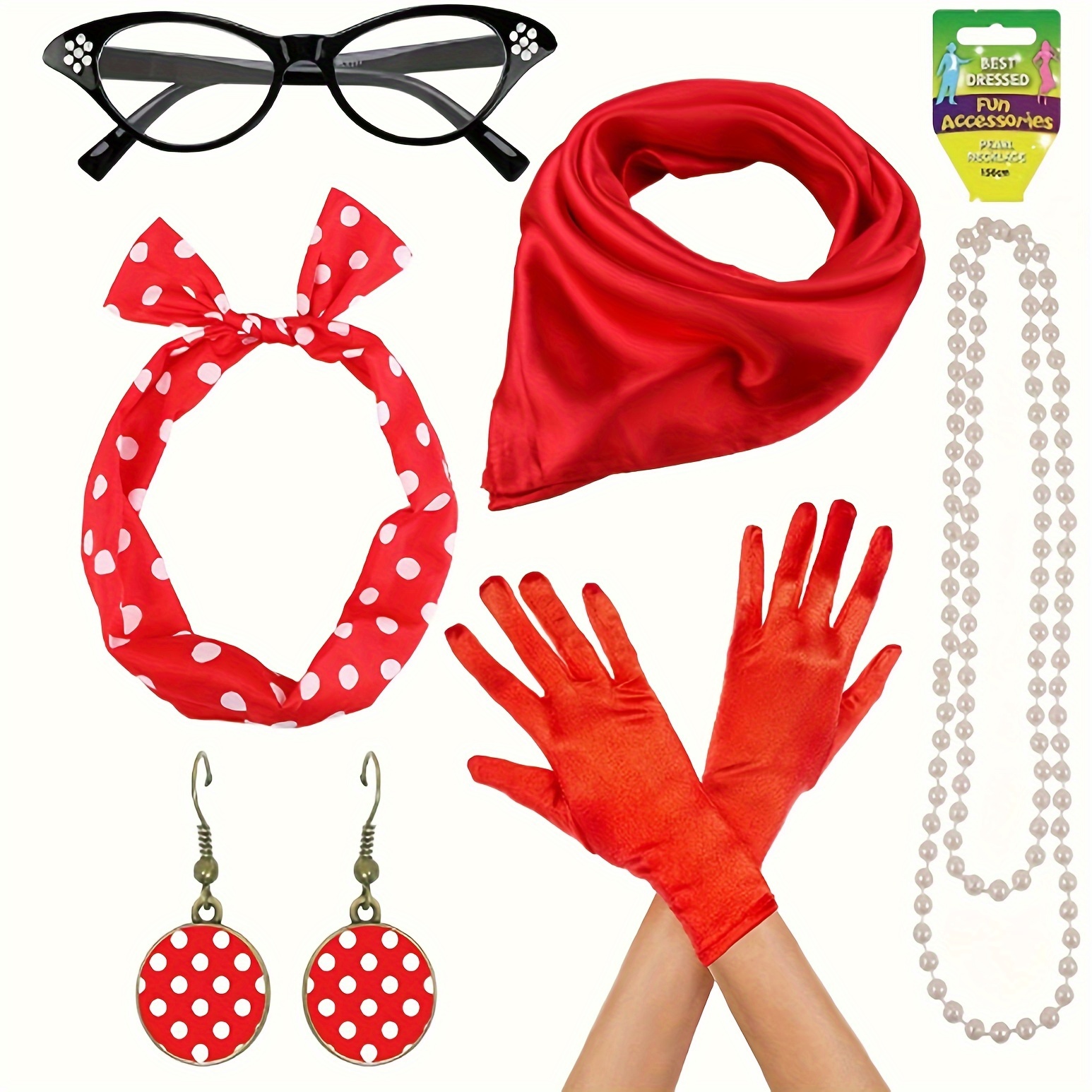 FEBALHS 50s Costumes for Women, Halloween 1950s Outfit Accessories with  Polka Dot Skirt Eyeglasses Bandanas Earrings Necklace