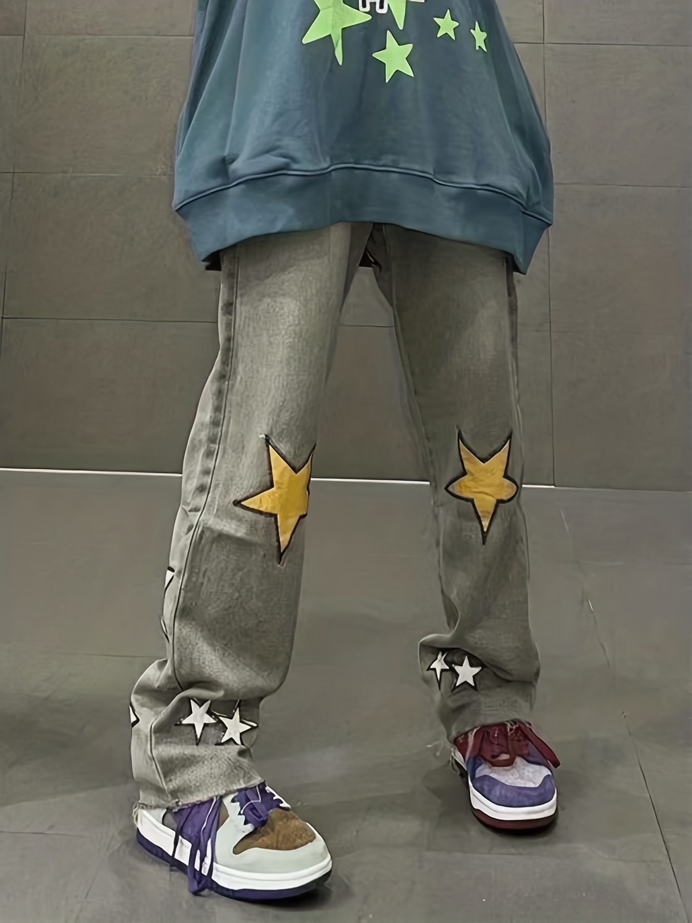 Men's Five Pointed Star Pattern Print Street Style Loose Wide Leg Denim Jeans, Fashion Trend, Y2K Style