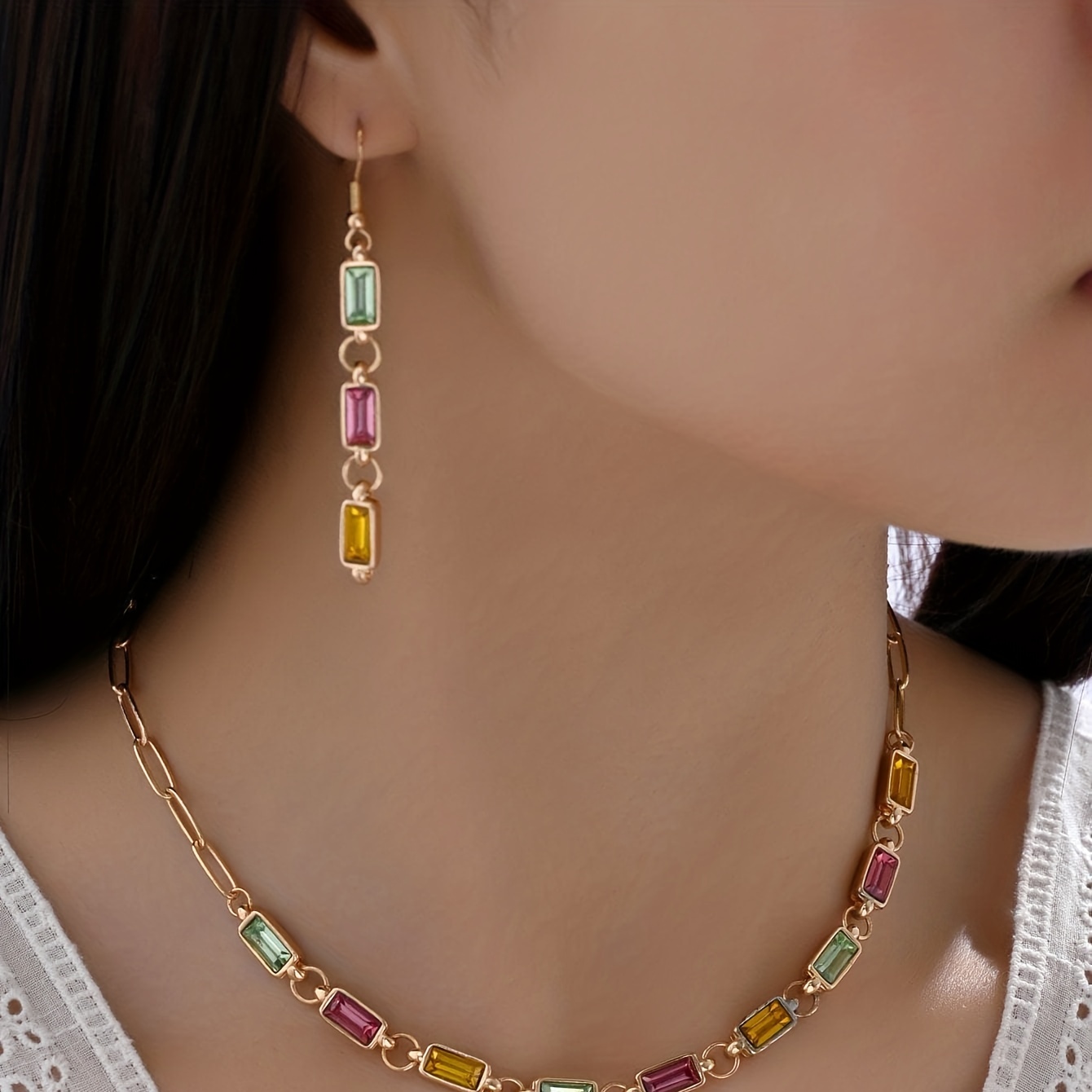 

3pcs Earrings Plus Necklace Luxury Jewelry Set Inlaid Rectangular Rhinestone Multi Colors Mixed Together Strong Sence Of Summer Wear Them To The Beach And Enjoy Your Vacation