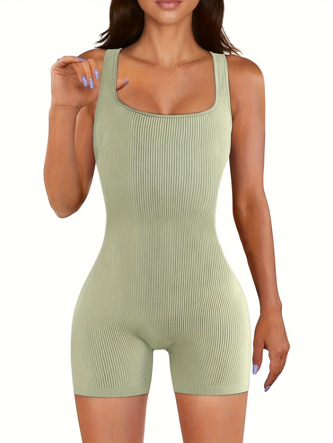Solid Color Casual Yoga Jumpsuit Square Neck High Stretch - Temu