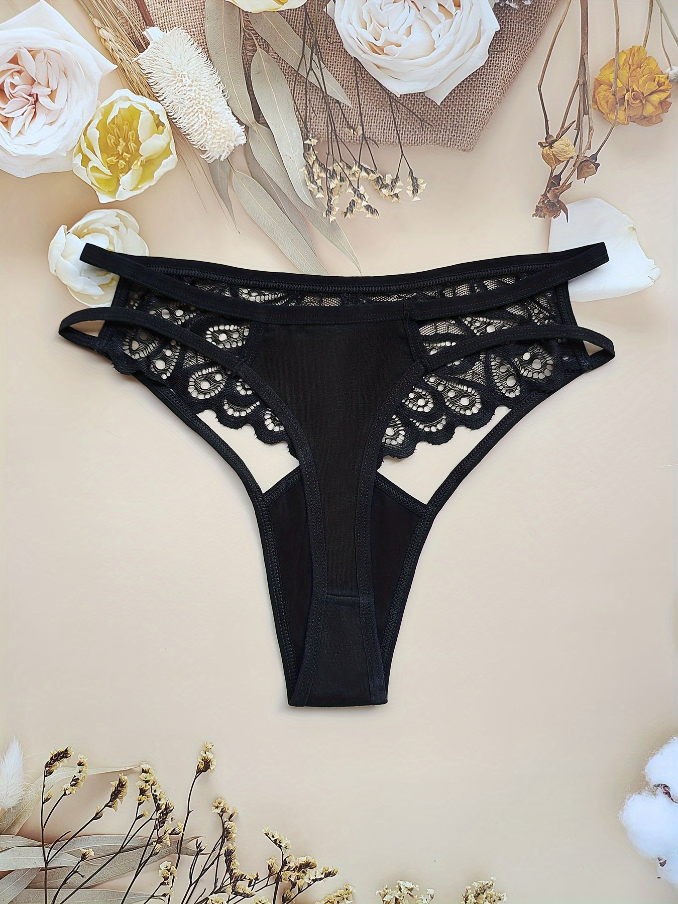Sexy Lace Trim Printed Low Waist Thongs G-srting Panites For Women