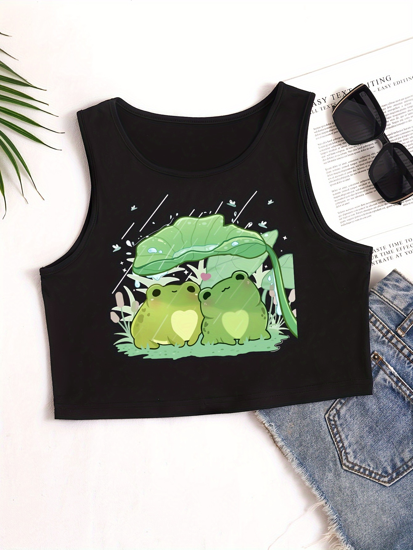 Cartoon Frog Print Crop Top Cute Sleeveless Crew Neck Tank - Temu