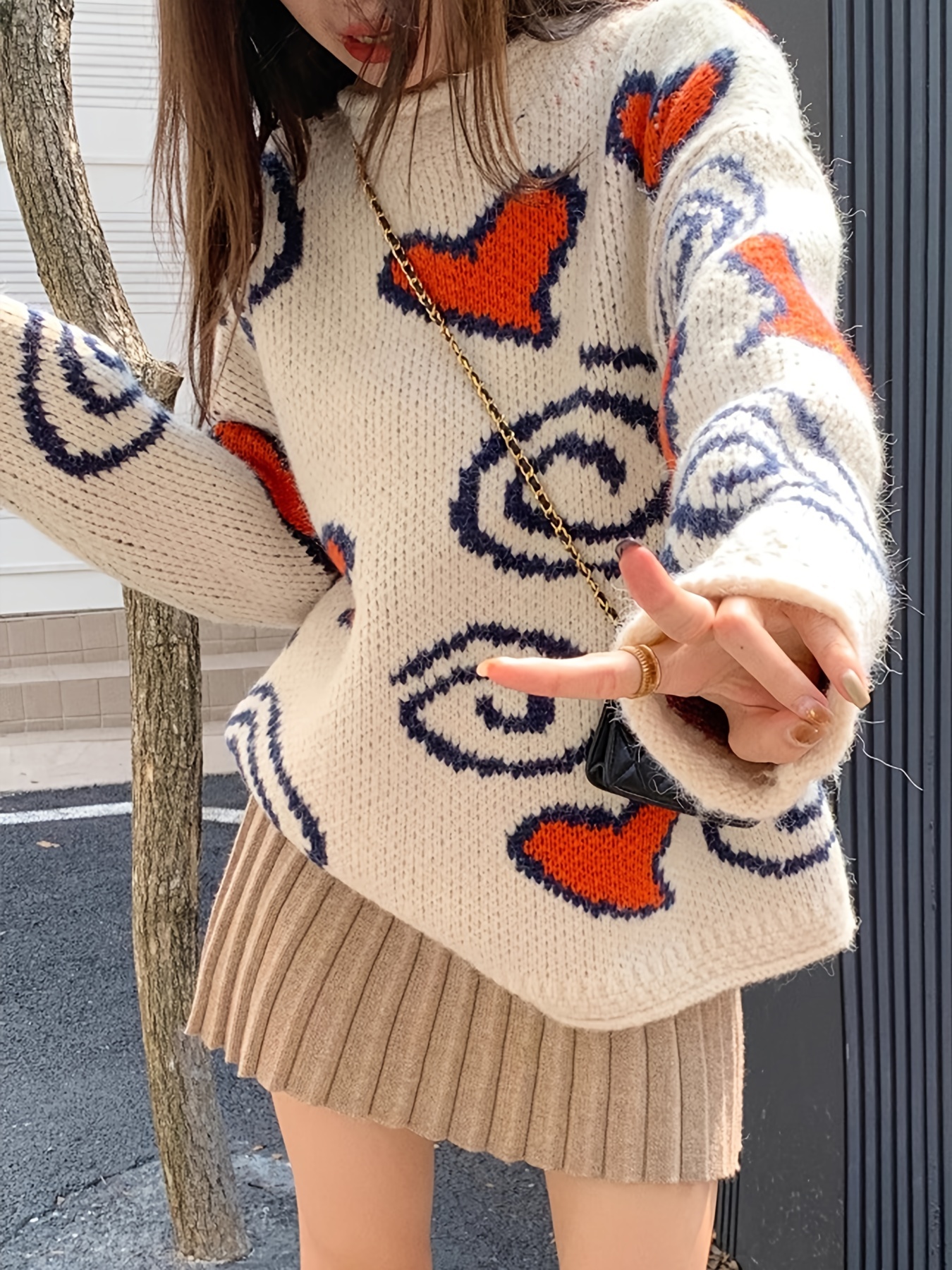 heart pattern crew neck pullover sweater casual long sleeve loose fall winter sweater womens clothing mixed color 1