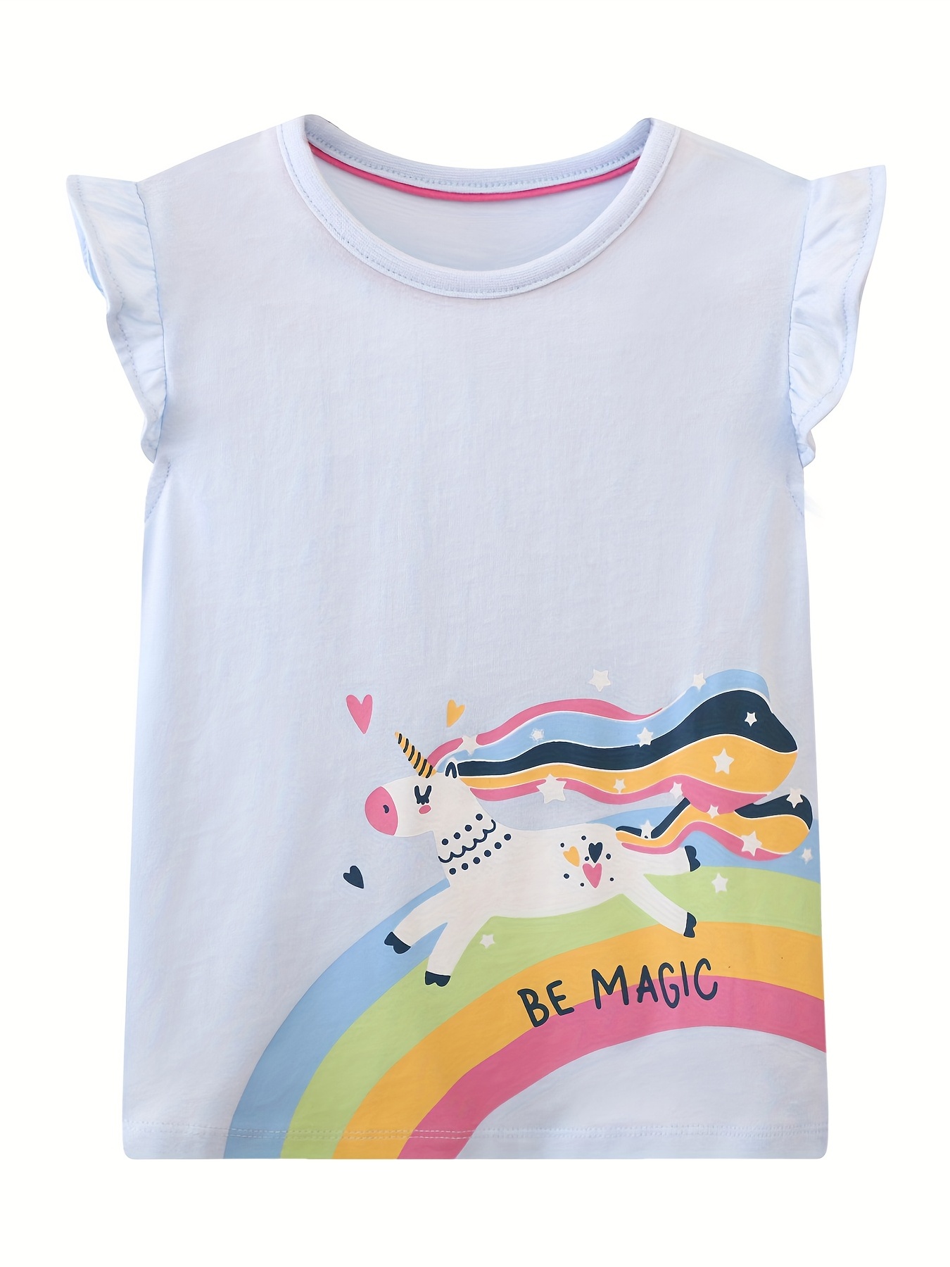 Girls Ruffle Trim Cute Cartoon Unicorn Graphic T shirt Top - Temu