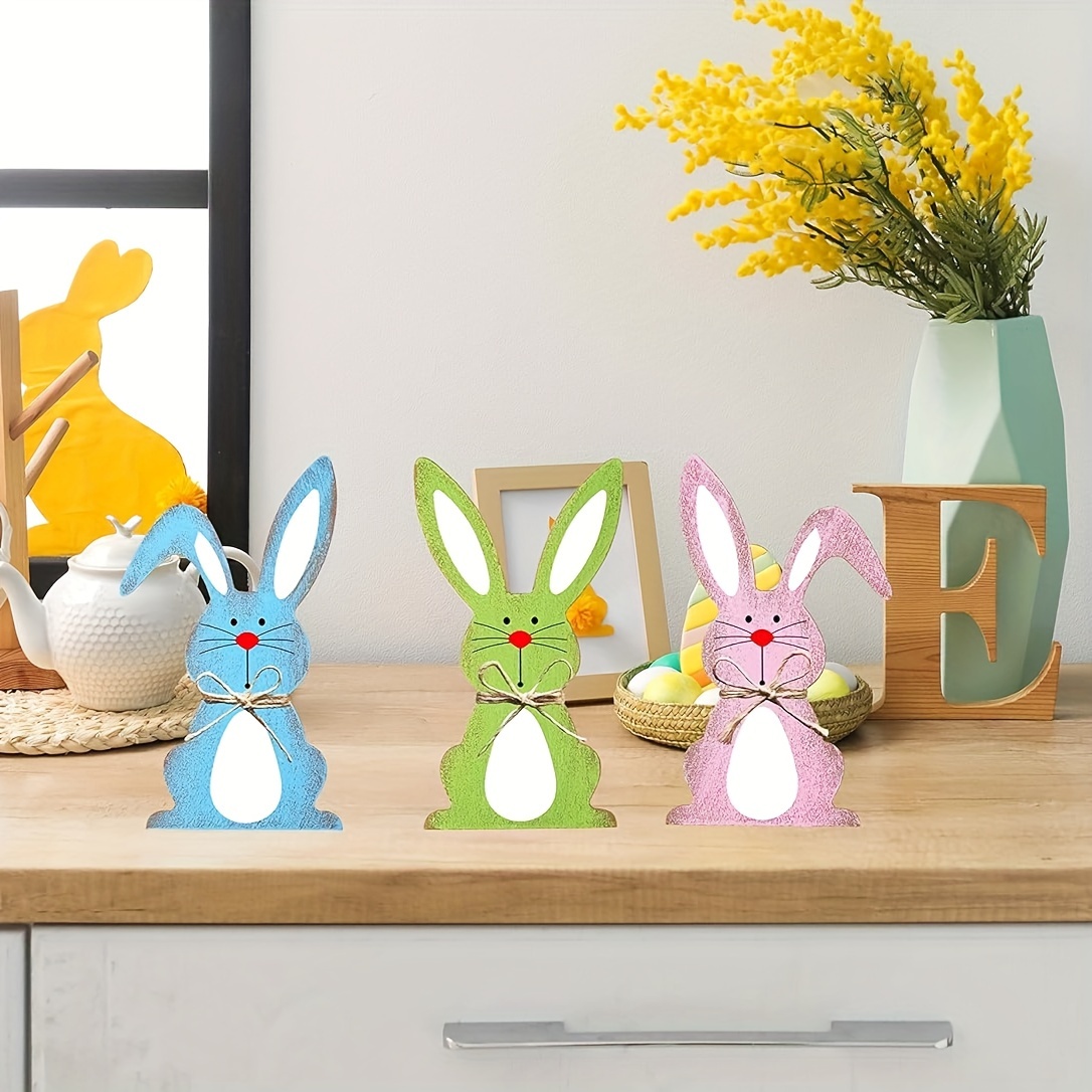 3pcs easter bunny wooden signs easter decorations easter farmhouse rabbit shaped wooden tabletop centerpieces freestanding tabletop decor for spring easter home office present