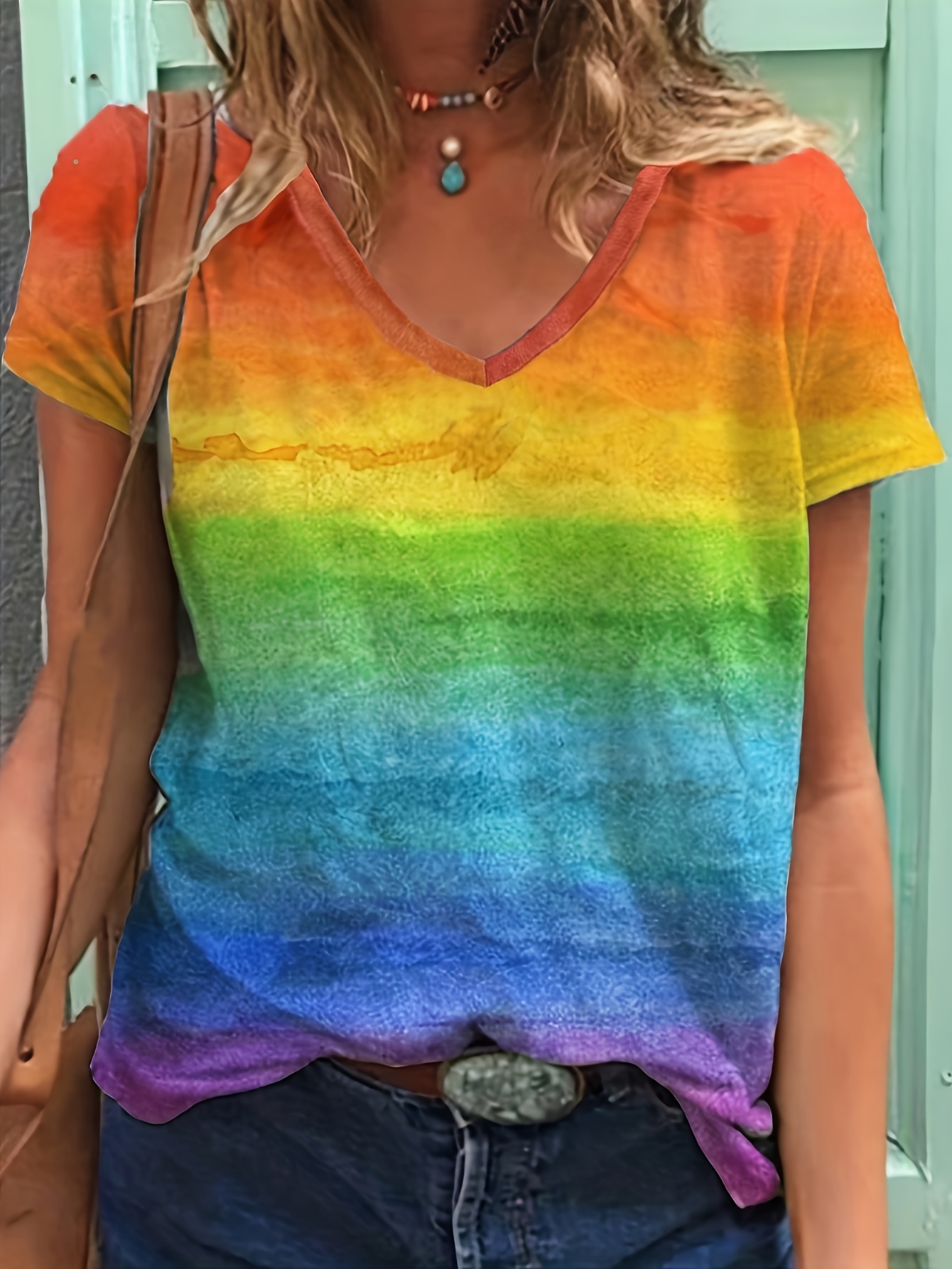 Womens Casual PLUS SIZE Rainbow Drip Lip Graphic Print T-Shirt