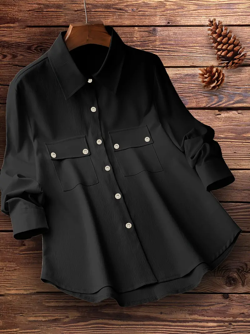 plus size casual top womens plus solid textured long sleeve button up lapel collar shirt top with flap pockets details 4