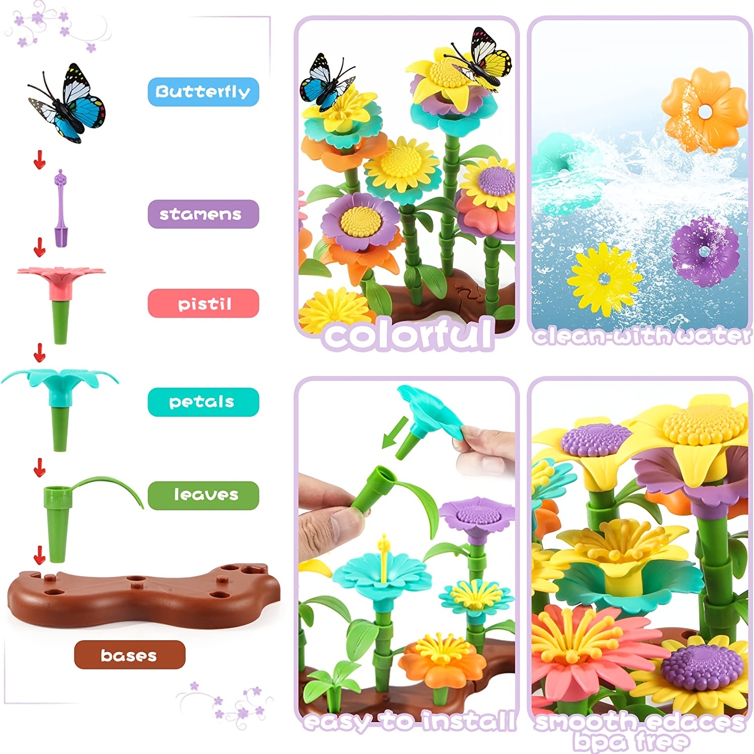 SpringFlower Juguetes de regalo para niñas de 3, 4, 5, 6, 7 años, kit de  construcción de jardín de flores con estuche de almacenamiento, juguete
