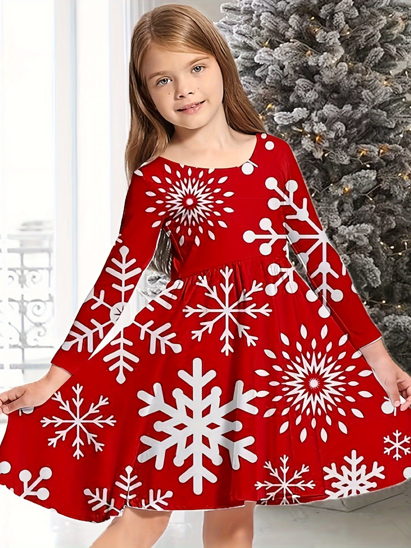 Girls Snowy Reindeer Graphic Long Sleeve Dress Kids Clothes Spring Fall  Christmas Gift